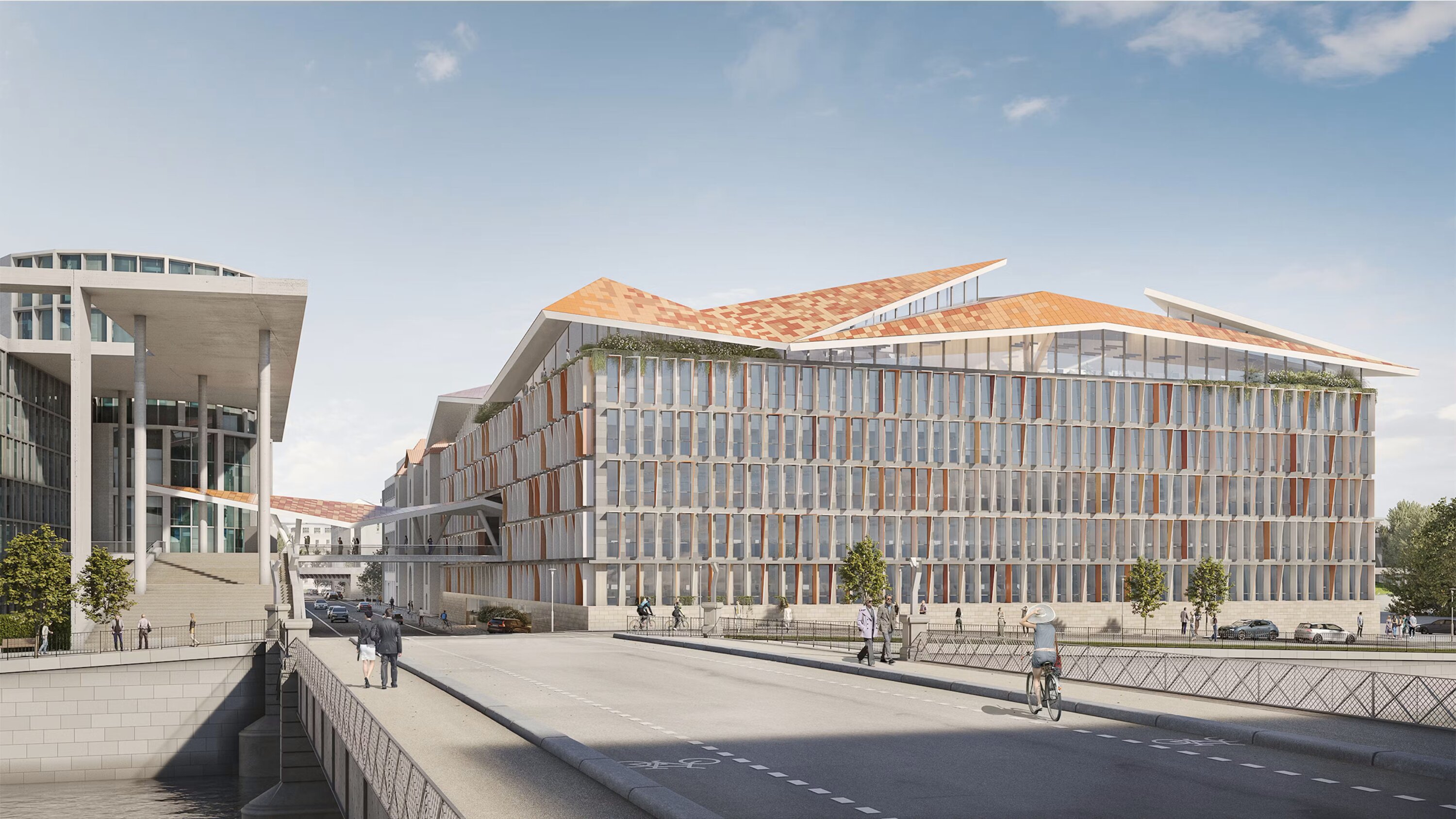 Project by Behnisch Architekturbuero, New Building Complex for the German Bundestag, Luisenblock East I. A large, modern building complex with a glass facade and orange roof, overlooking a street with pedestrians and cyclists. In the foreground is a bridge spanning a river.