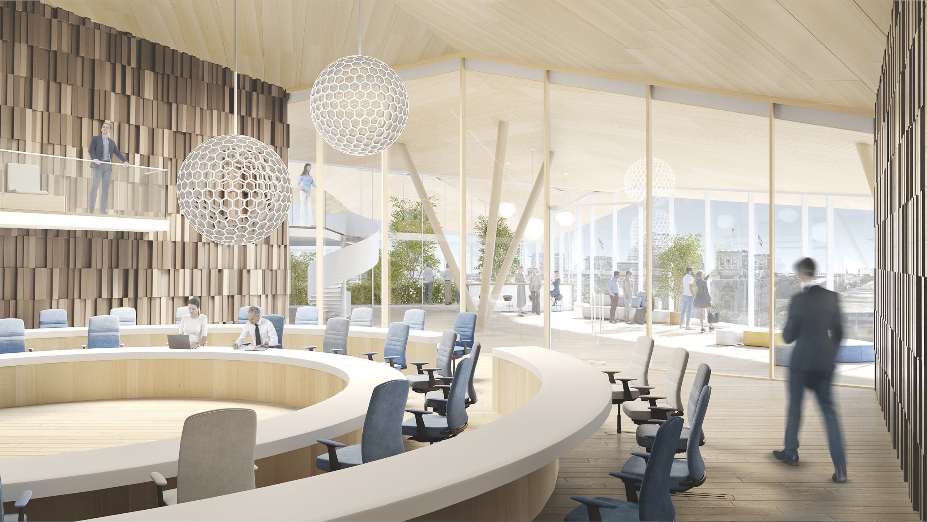 Project by Behnisch Architekturbuero, New Building Complex for the German Bundestag, Luisenblock East I. A modern meeting room with a circular seating area, large windows, wood paneling, and people working inside. In the background, you can see a light-filled conservatory with seating for relaxation.