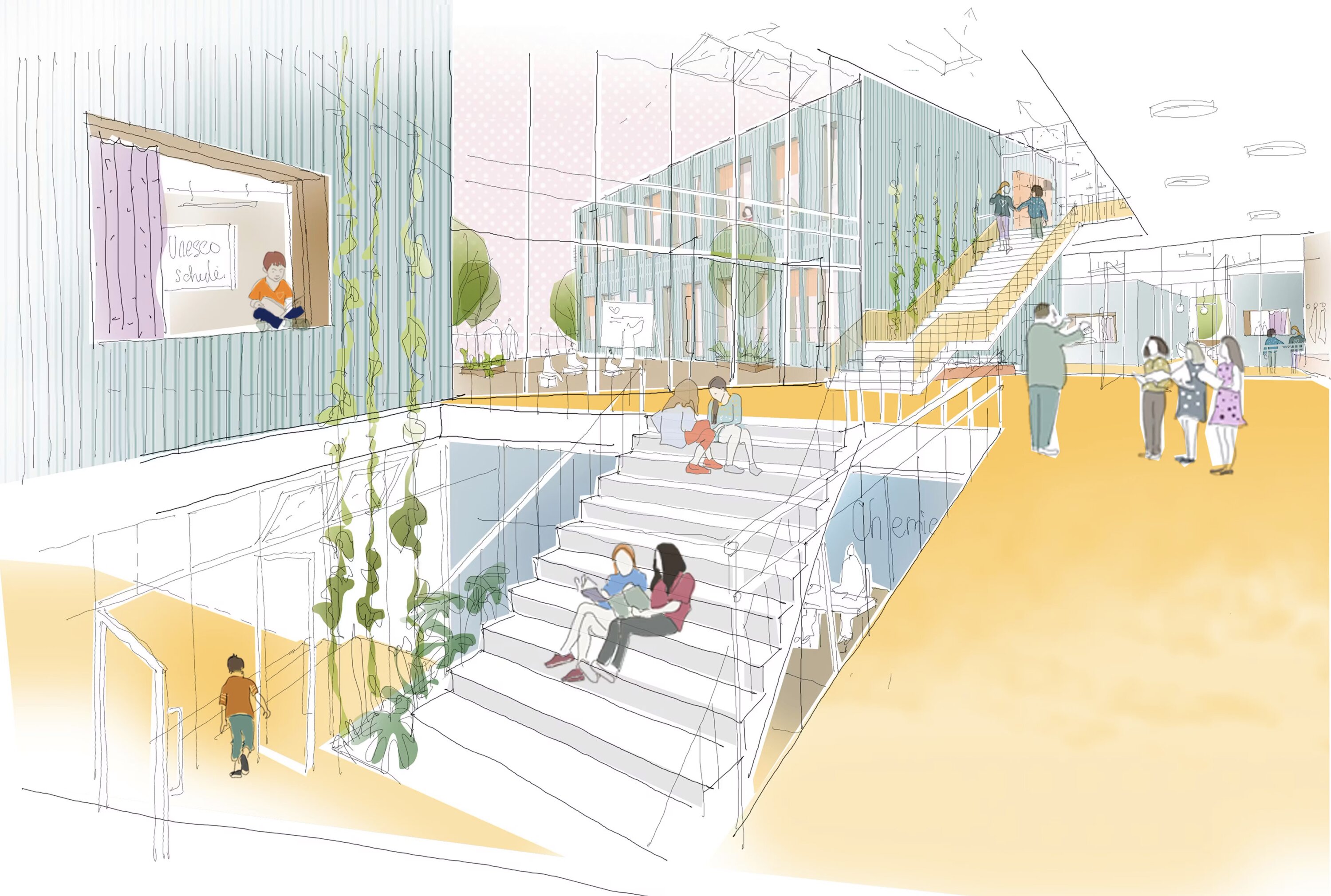 Project by Behnisch Architekturbuero, Replacement New Building Hainberg Gymnasium. Illustration of a school interior with a central staircase and glass walls offering views to the outside. Students are sitting, walking, and interacting with each other.
