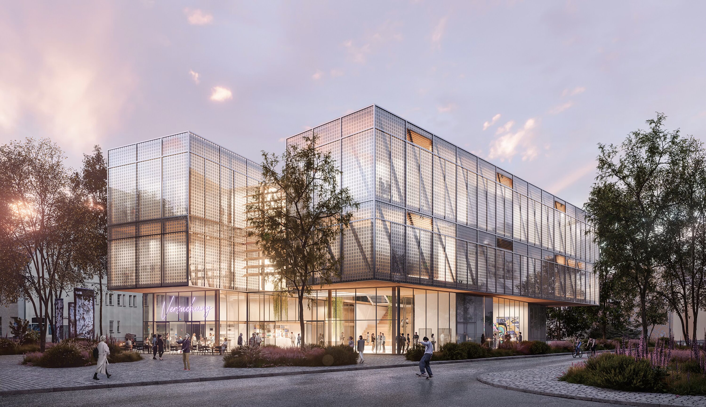 Project by Behnisch Architekturbuero, Haus im Haus. Ceiling view with grid of square light panels and reflective glass partitions in a modern interior.
