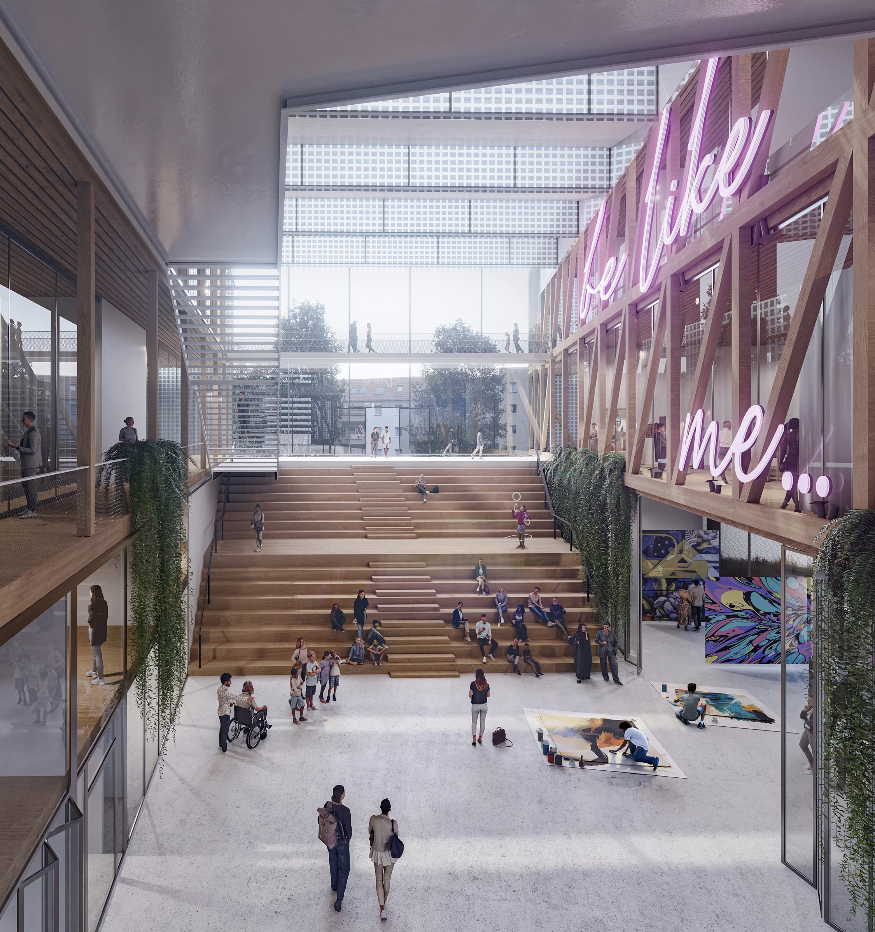 Project by Behnisch Architekturbuero, New Exhibition Building &ldquo;World of Temptations&rdquo;. Large indoor atrium with stepped seating, people gathered, artwork in progress, and neon sign on upper level.