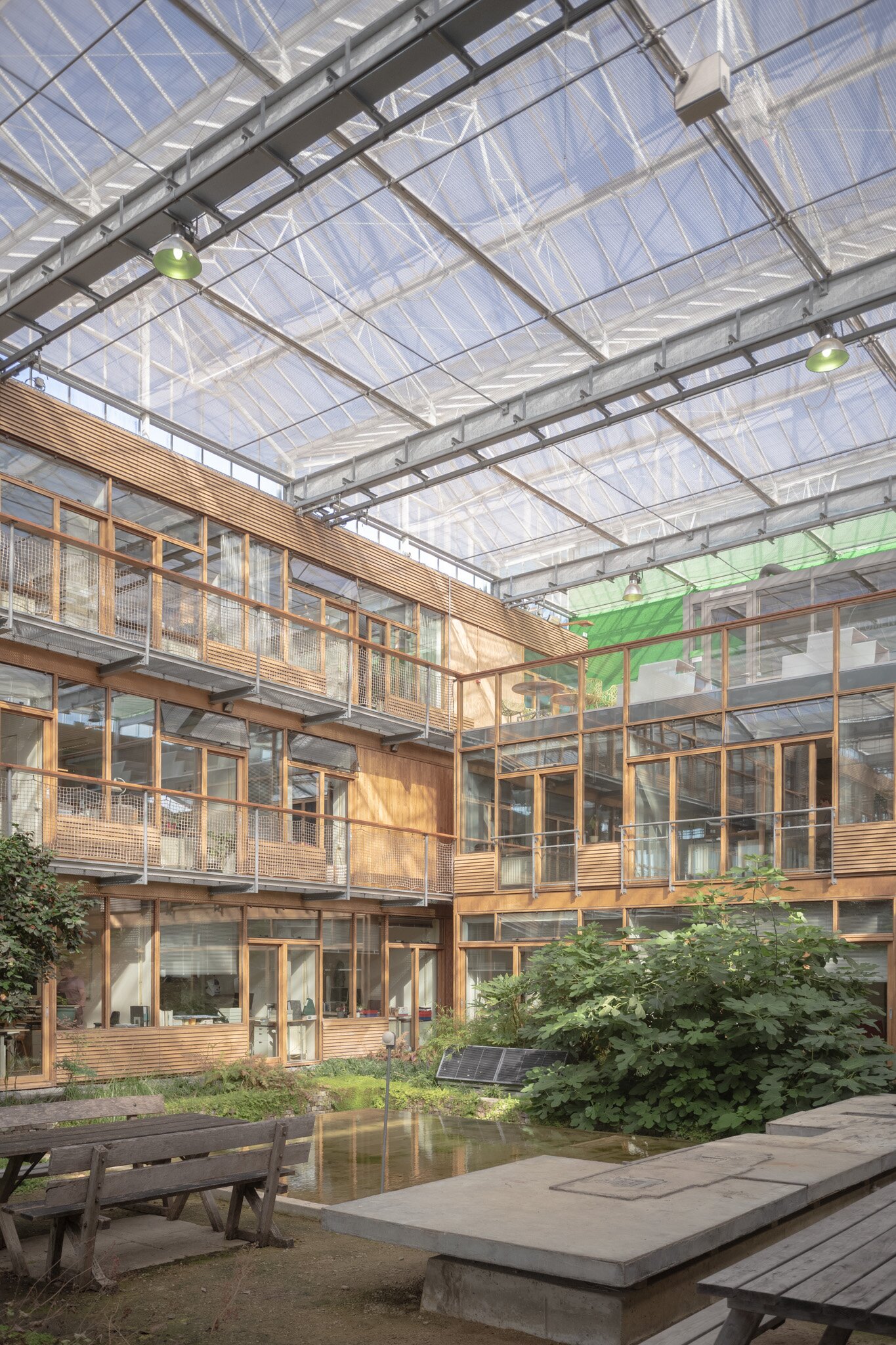 Project by Behnisch Architekturbuero, IBN-Institute for Forestry and Nature Research. Glass-roofed courtyard with wooden balconies, offices, greenery, a small pond, and outdoor seating within a multi-story building.