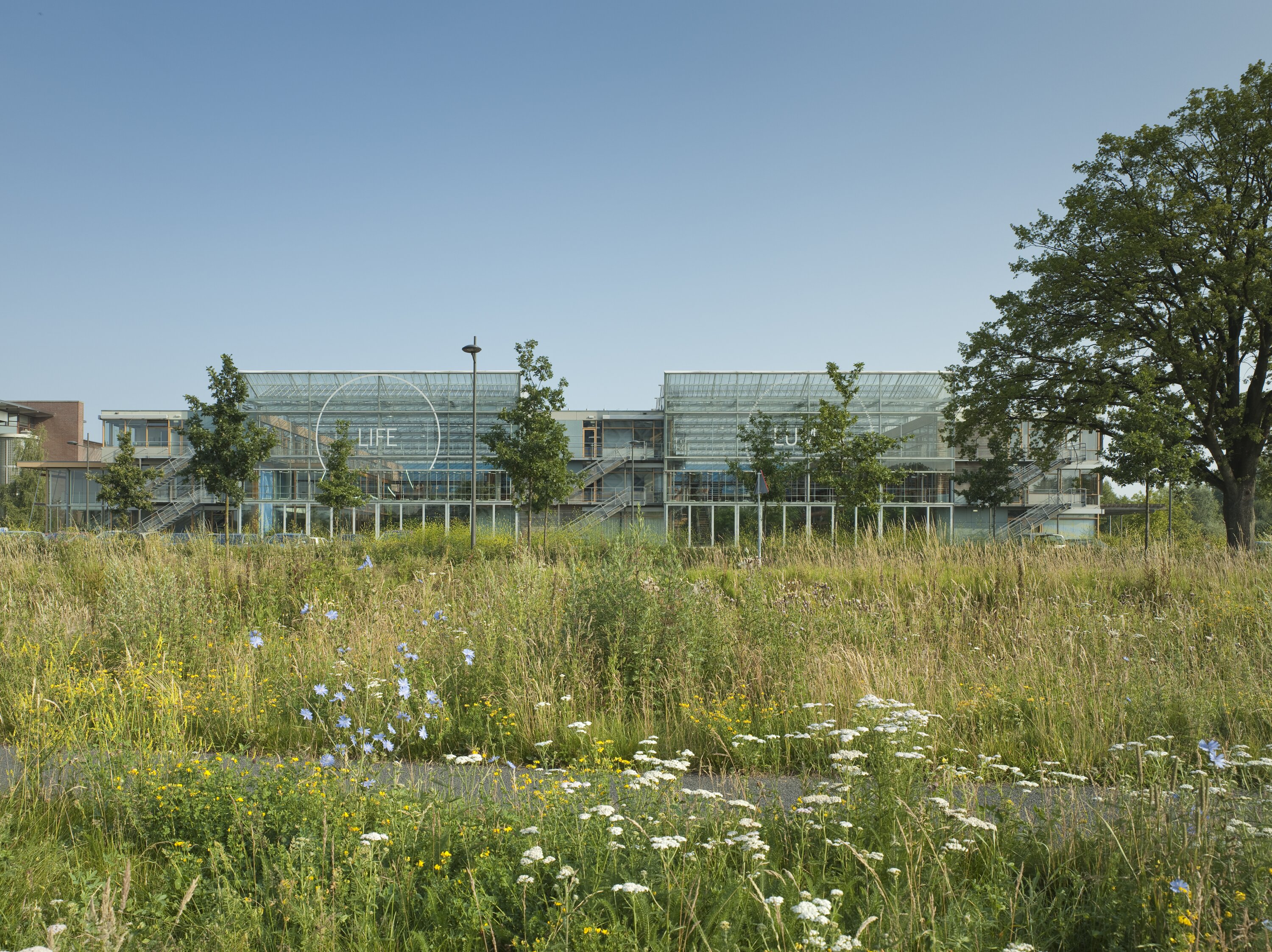 Project by Behnisch Architekturbuero, Digiteo Labs - 3 Research Buildings. Rectangular building with lit windows at dusk, set in an open grassy field under a dark blue sky.