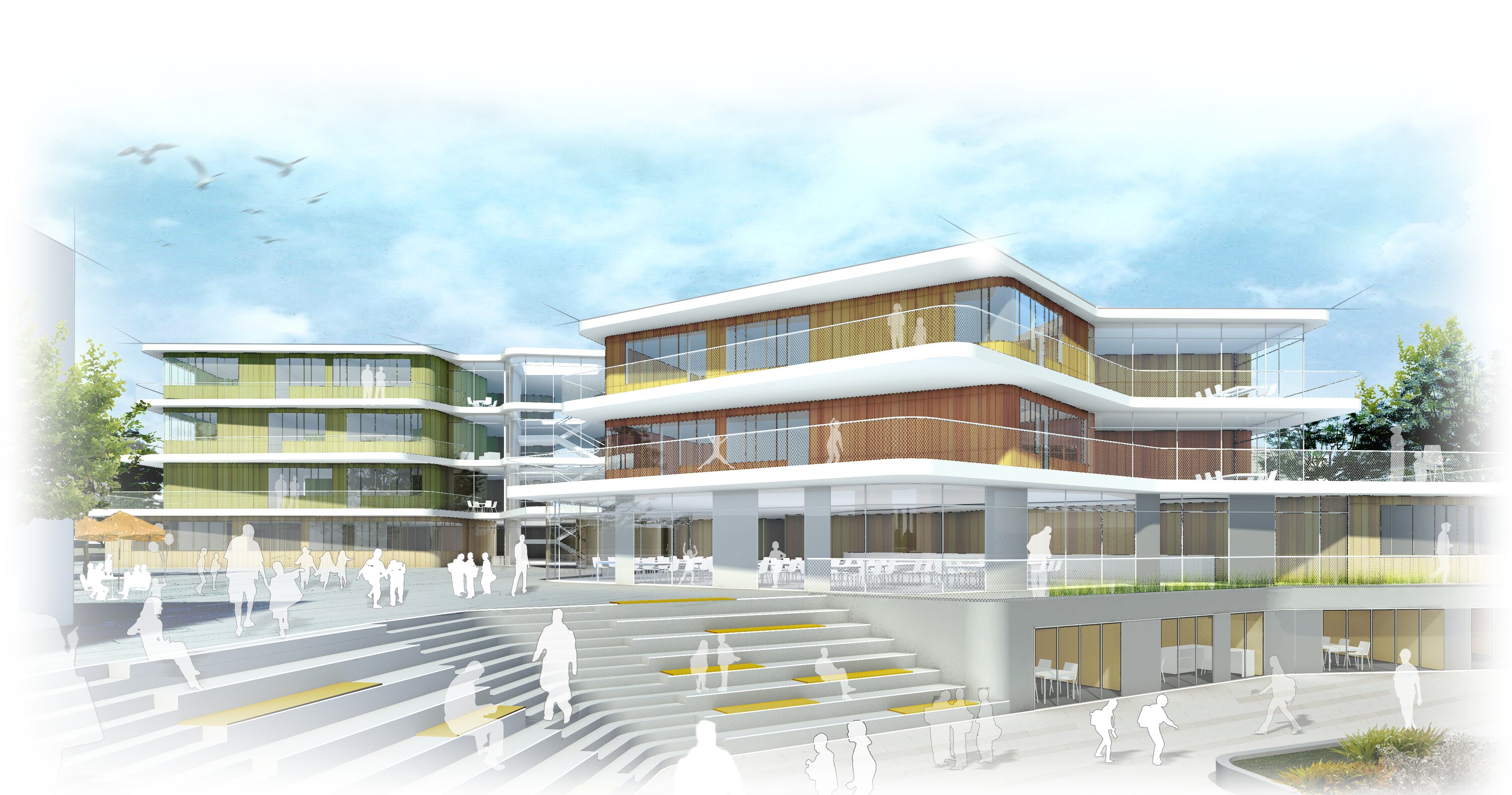 Project by Behnisch Architekturbuero, Gotthard-M&uuml;ller-School Bernhausen. Multi-story schoolbuilding with curved balconies and colorful facade, set by a street with a few people walking nearby.