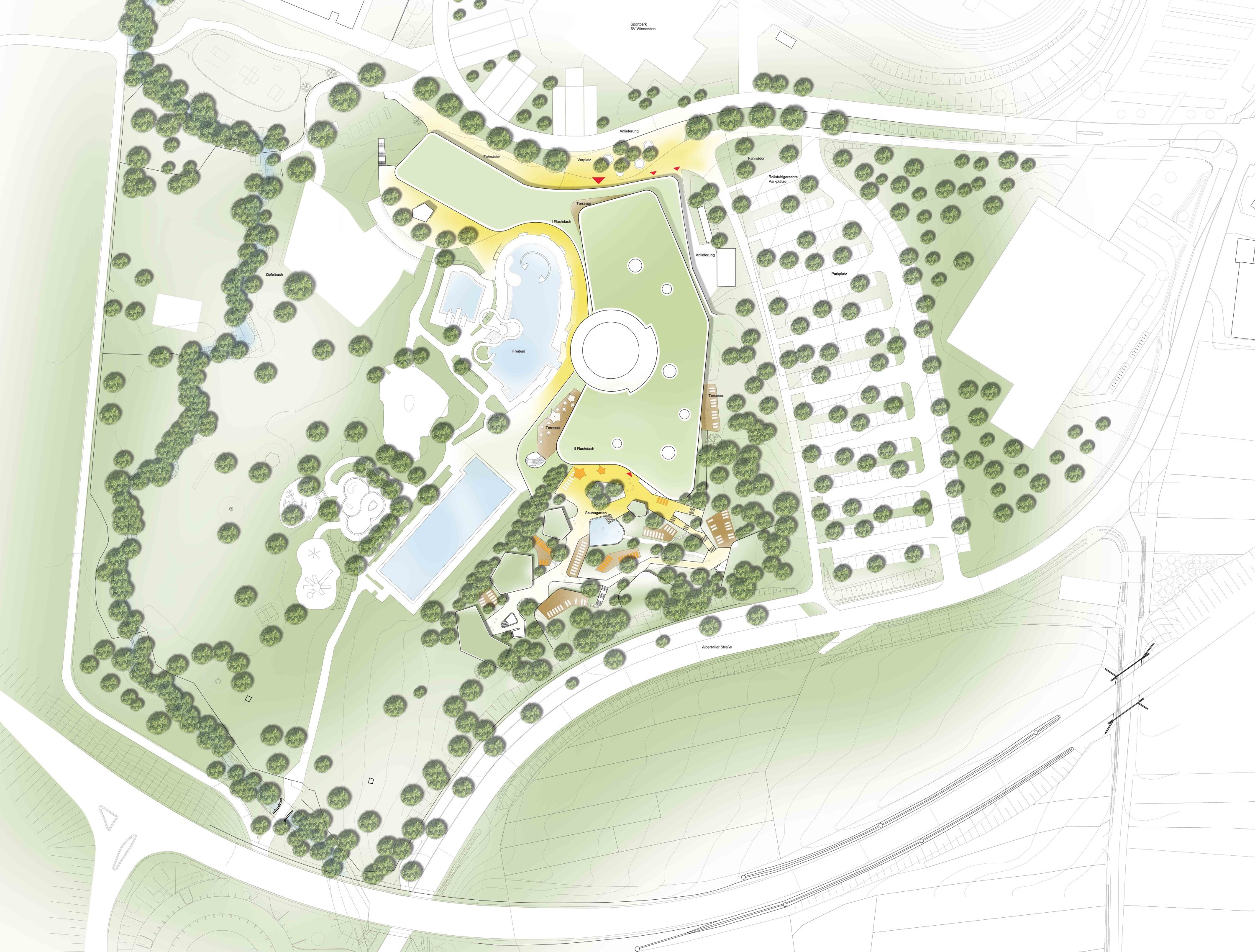 Project by Behnisch Architekturbuero, Robert Bogomolny Library. Modern multi-story building with a faceted white facade and glass atrium on a street corner. The interior lights glowing at dusk.