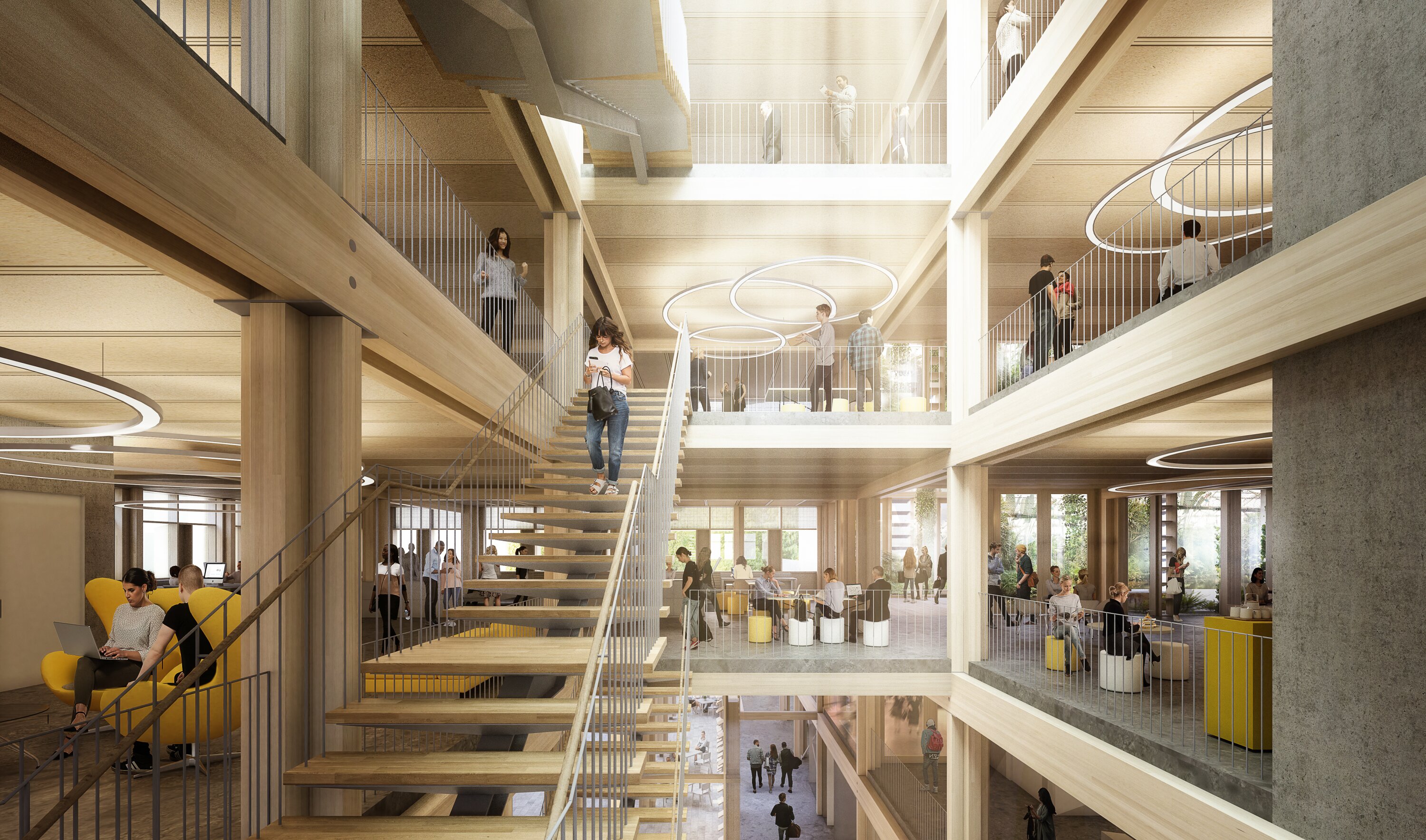 Project by Behnisch Architekturbuero, Smart Living Lab. Multi-level atrium with stairs, balconies, and people working and gathering indoors.
