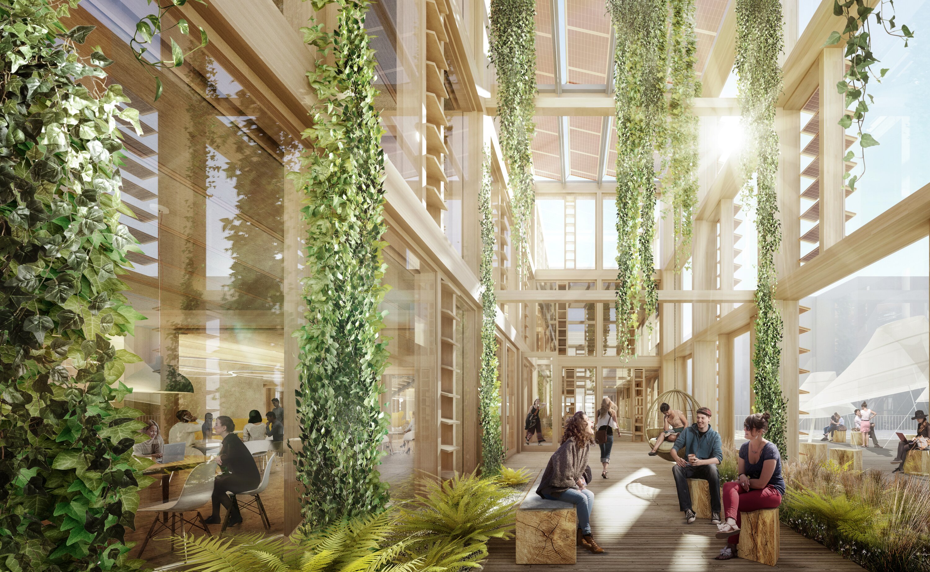 Project by Behnisch Architekturbuero, Smart Living Lab. Sun-drenched entrance area with wooden structure, hanging plants and people sitting and talking.