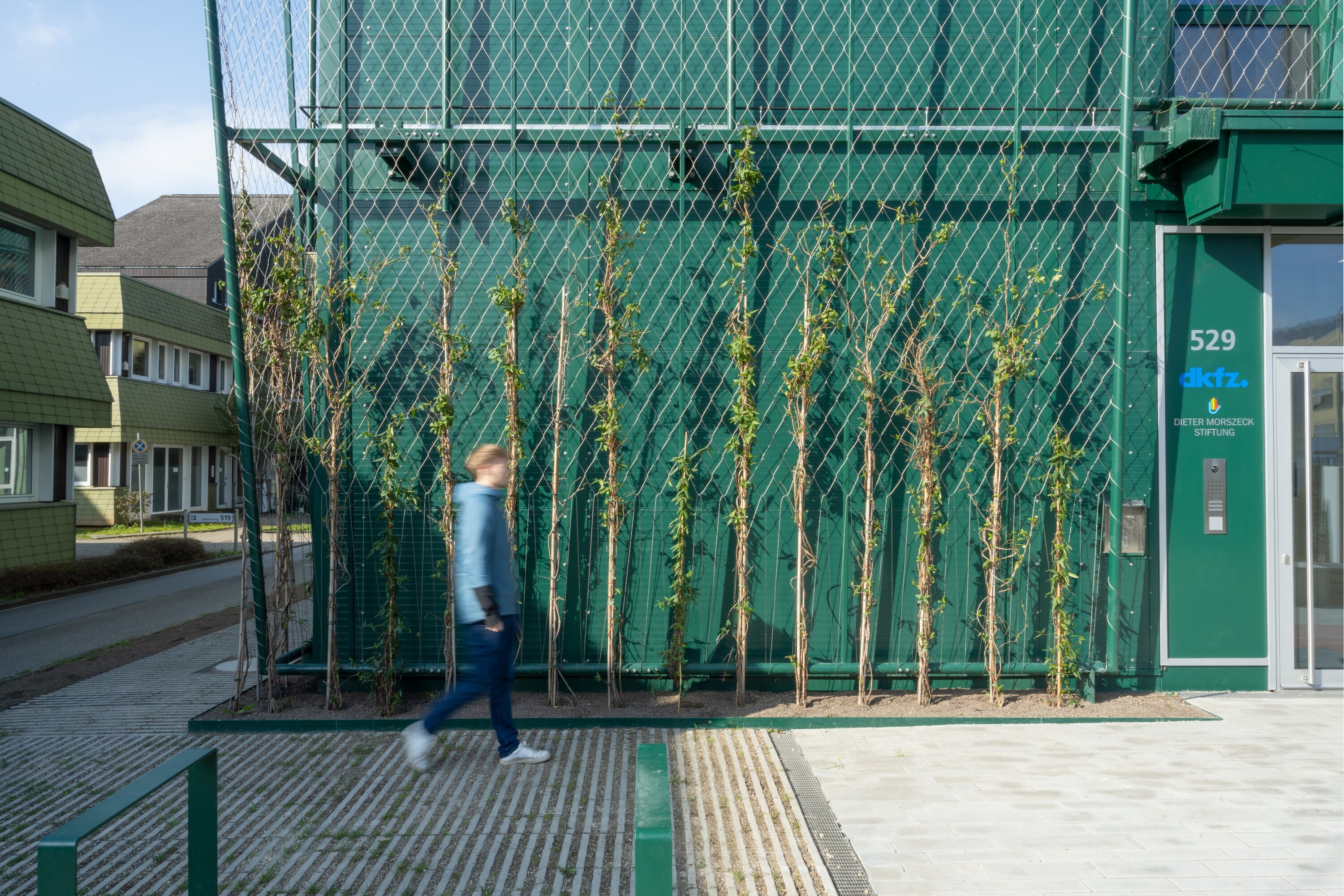 Project by Behnisch Architekturbuero, Dieter Morszeck Biorepository. Person walking past green building facade with metal mesh and climbing plants, entrance door on right.