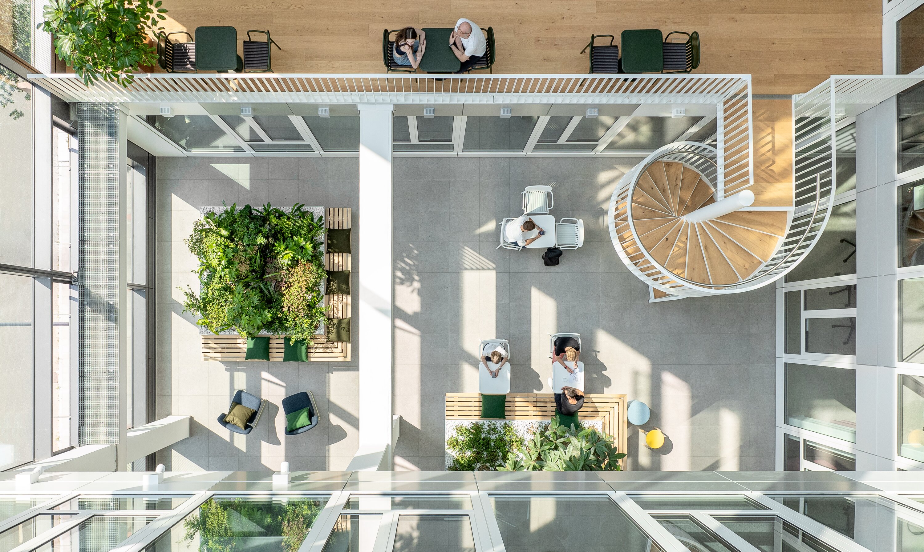 Project by Behnisch Architekturbuero, EDGE ElbSide Hamburg. Top view of the light-filled atrium with spiral staircase, seating areas and planting.