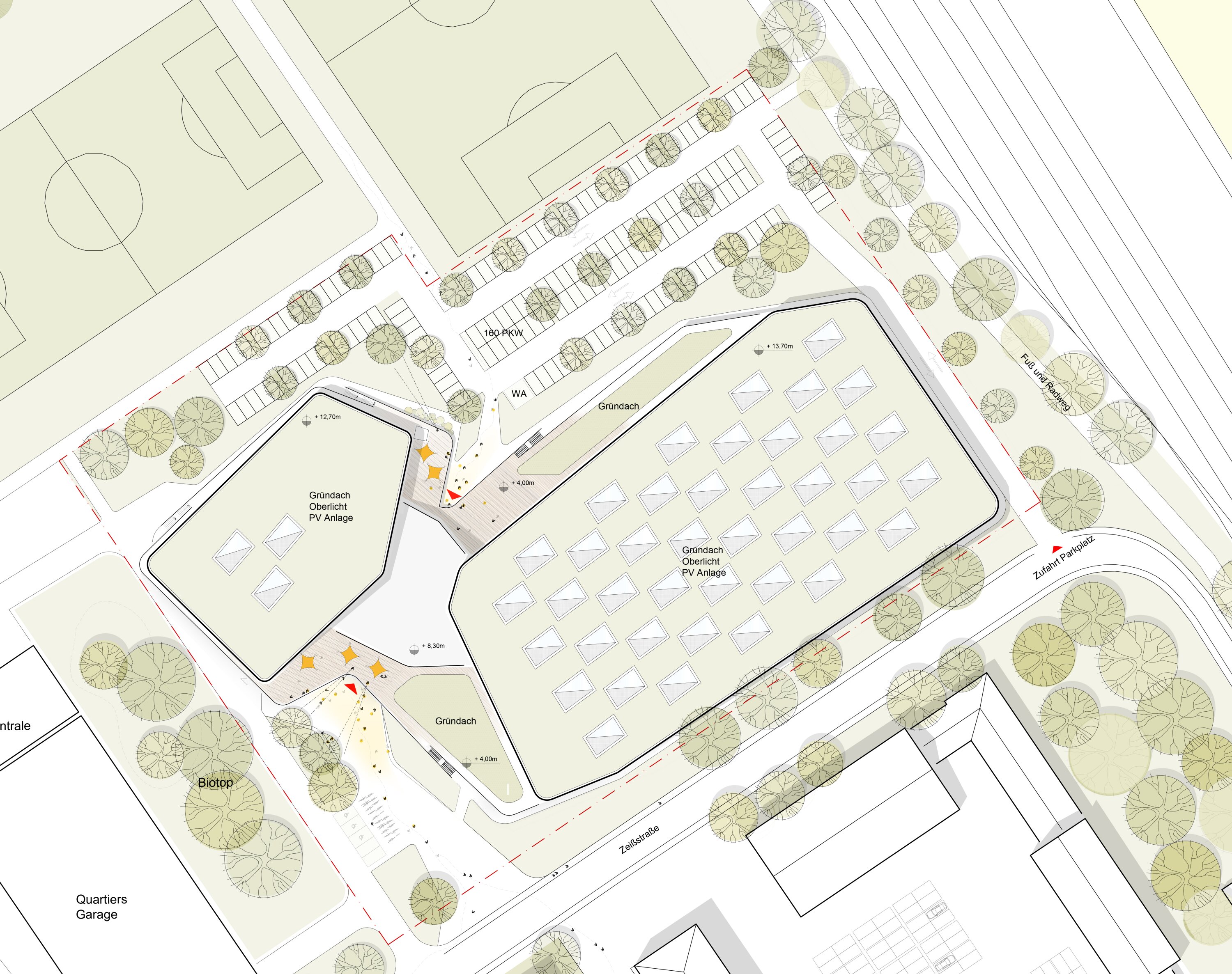 Project by Behnisch Architekturbuero, Thermal Spa Bad Aibling. Illuminated, dome-shaped buildings, connected at night by a building with a glass facade, nestled in a landscape with trees and a reflecting stream.