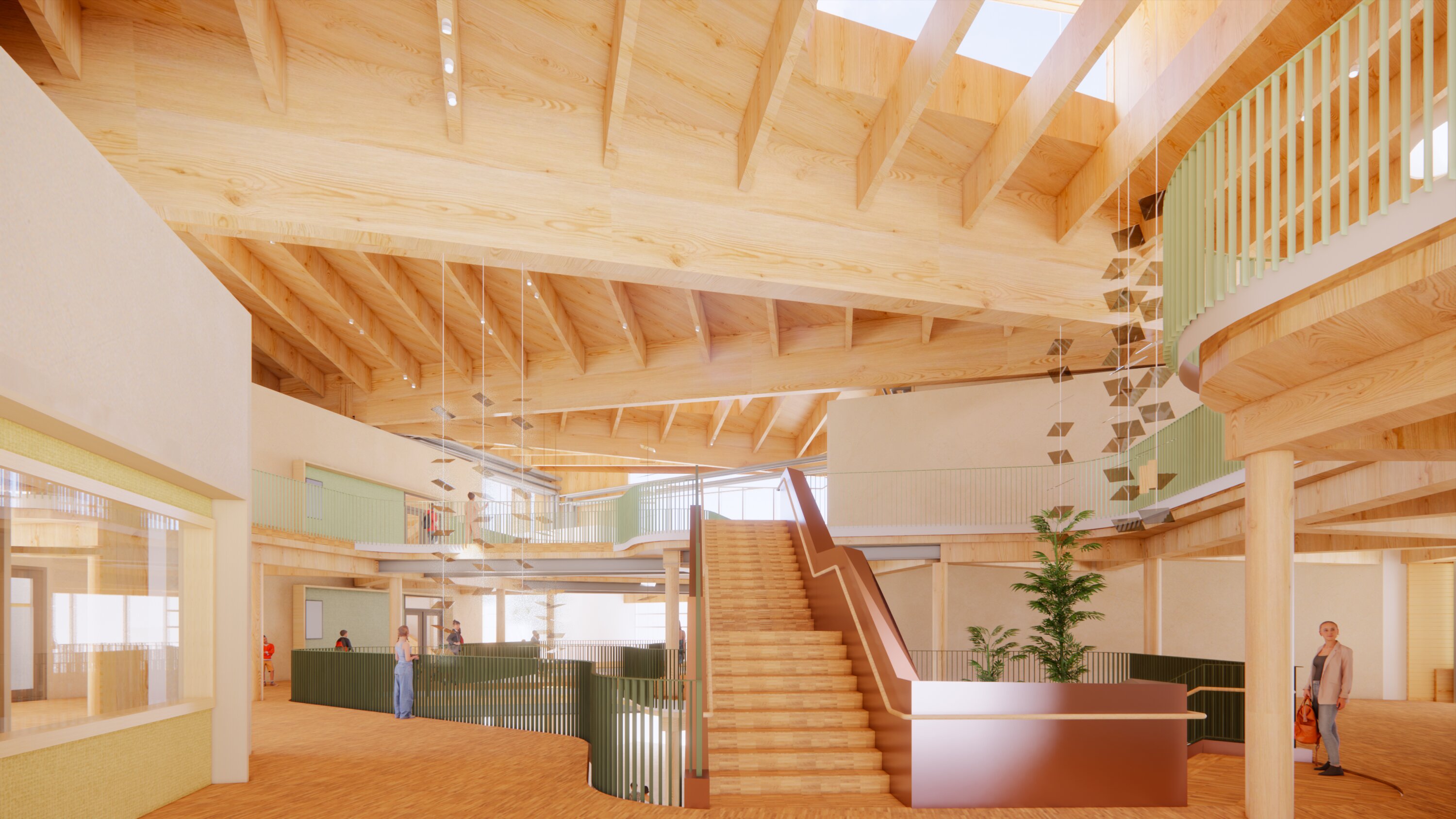 Project by Behnisch Architekturbuero, LIFE Hamburg. Wood interior atrium with central staircase, balconies, and exposed timber structure.