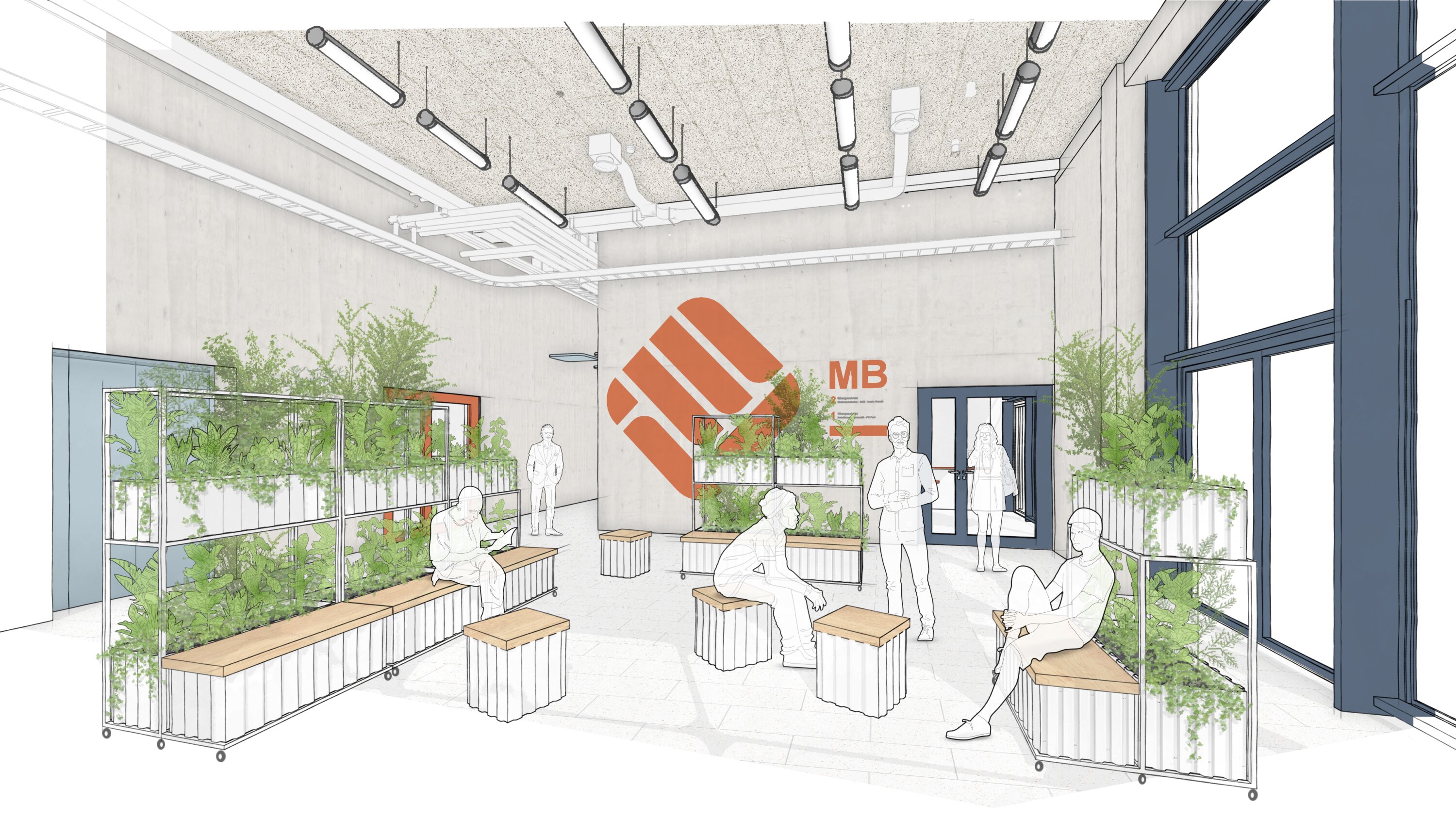 Project by Behnisch Architekturbuero, Steinfurt Campus/ Reconstructions of Buildings C+Q and New Parking Structure/ FH M&uuml;nster (University of Applied Sciences). Public space in the building with seating and planters with greenery beside large windows. People are sitting on the seating and are talking.