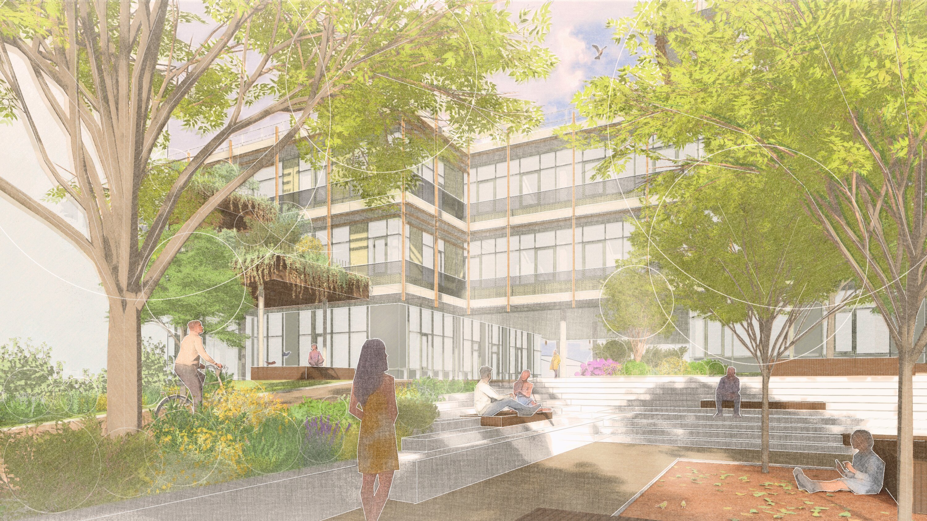 Project by Behnisch Architekturbuero, Steinfurt Campus/ Reconstructions of Buildings C+Q and New Parking Structure/ FH M&uuml;nster (University of Applied Sciences). People in a green courtyard with stairs and trees in front of a modern multi-story building. The people are sitting on the stairs or on benches and are hanging out in front of the building.