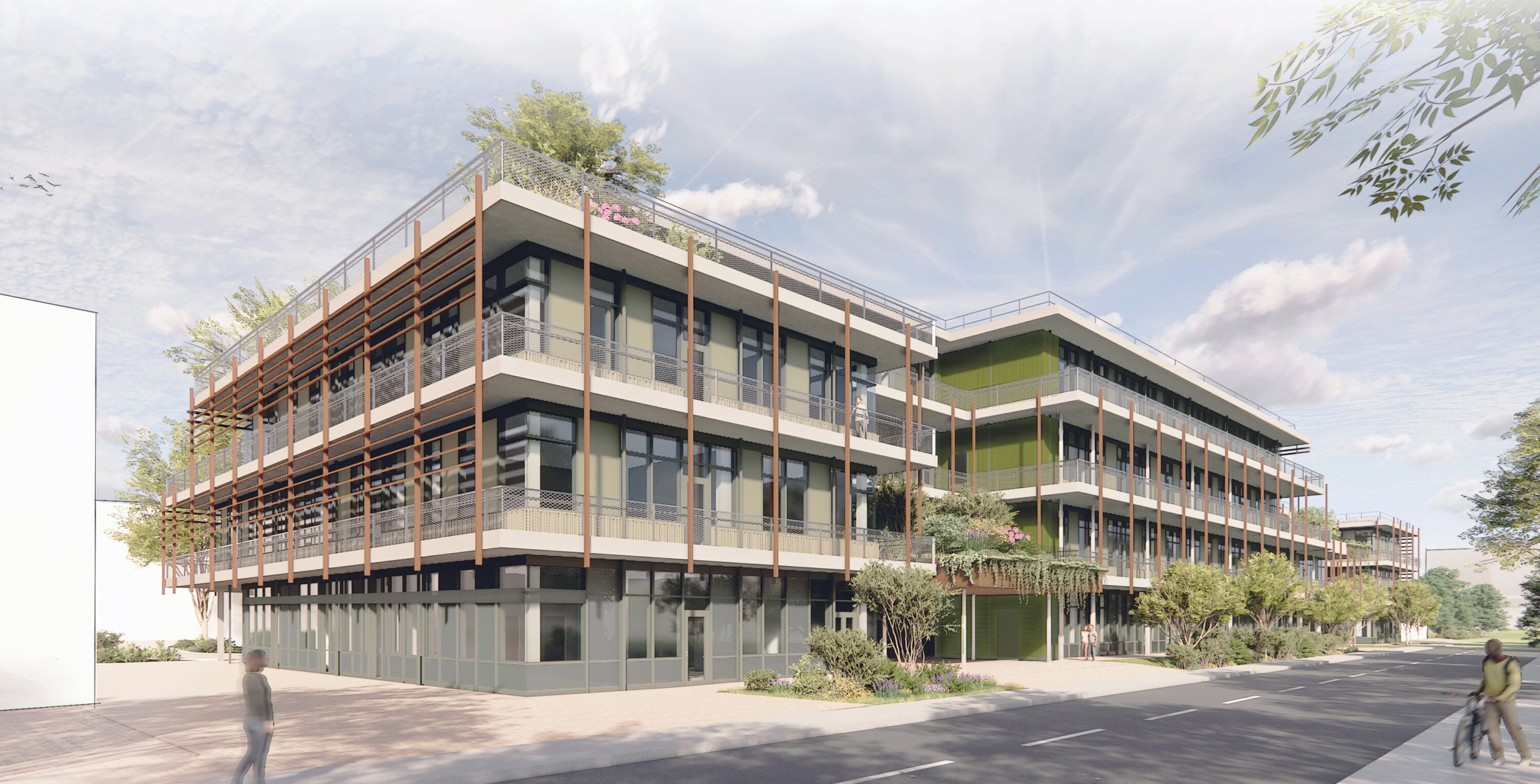 Project by Behnisch Architekturbuero, Steinfurt Campus/ Reconstructions of Buildings C+Q and New Parking Structure/ FH M&uuml;nster (University of Applied Sciences). Modern multi-story building with balconies, green facade, green roof and street with pedestrians.