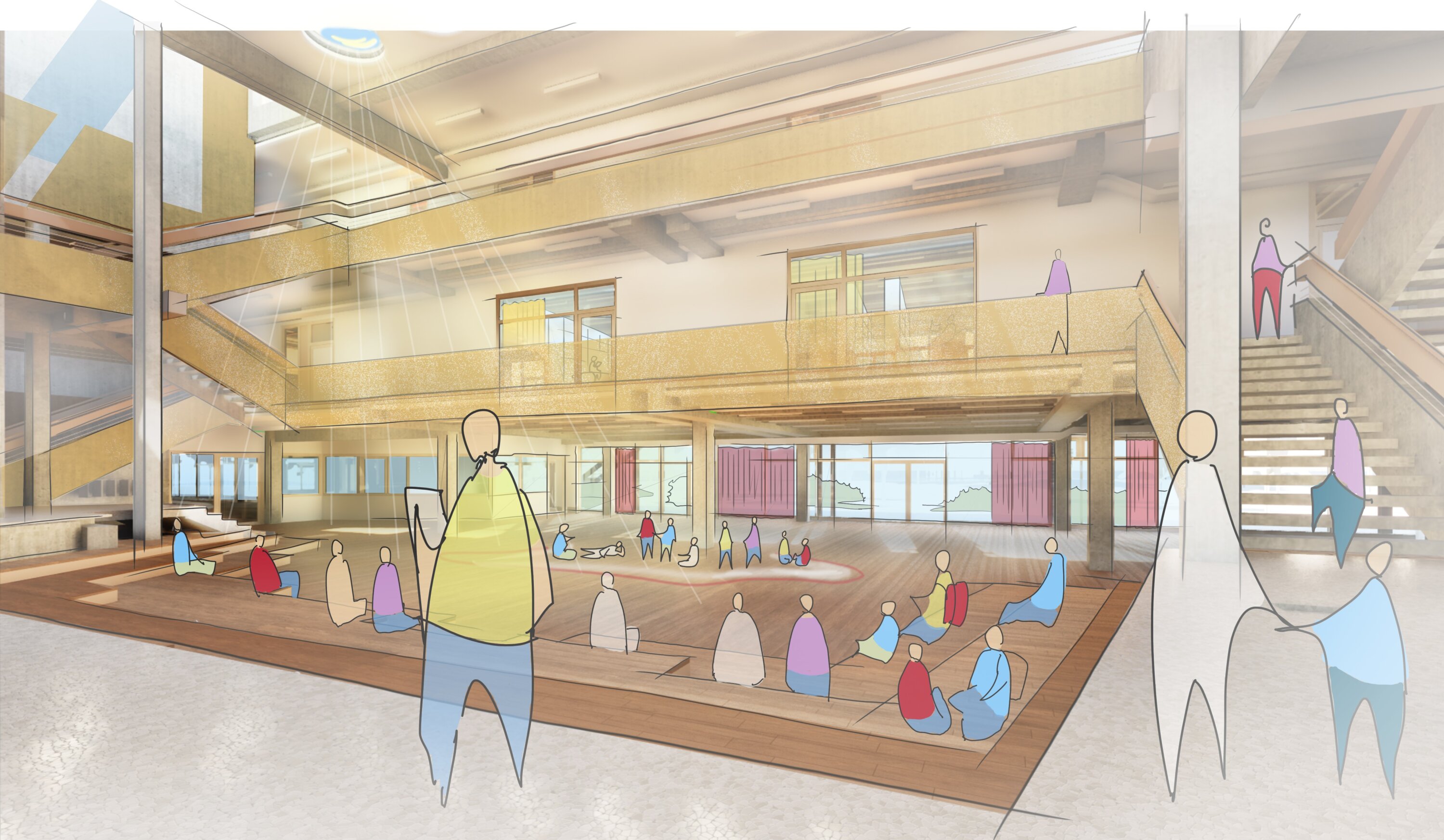 Project by Behnisch Architekturbuero, International School Augsburg. Architectural rendering of a multi-level atrium with seating steps and people gathered in center.