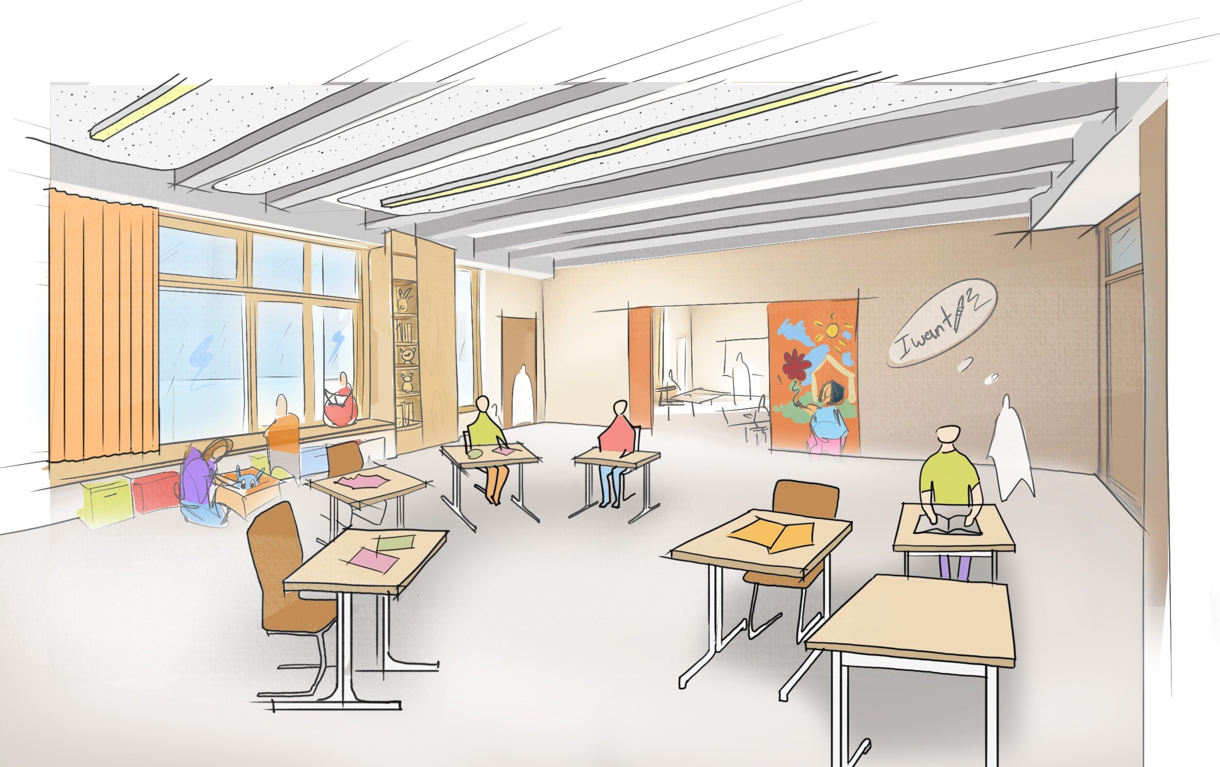 Project by Behnisch Architekturbuero, International School Augsburg. Architectural rendering of a classroom with desks, students, and large windows.