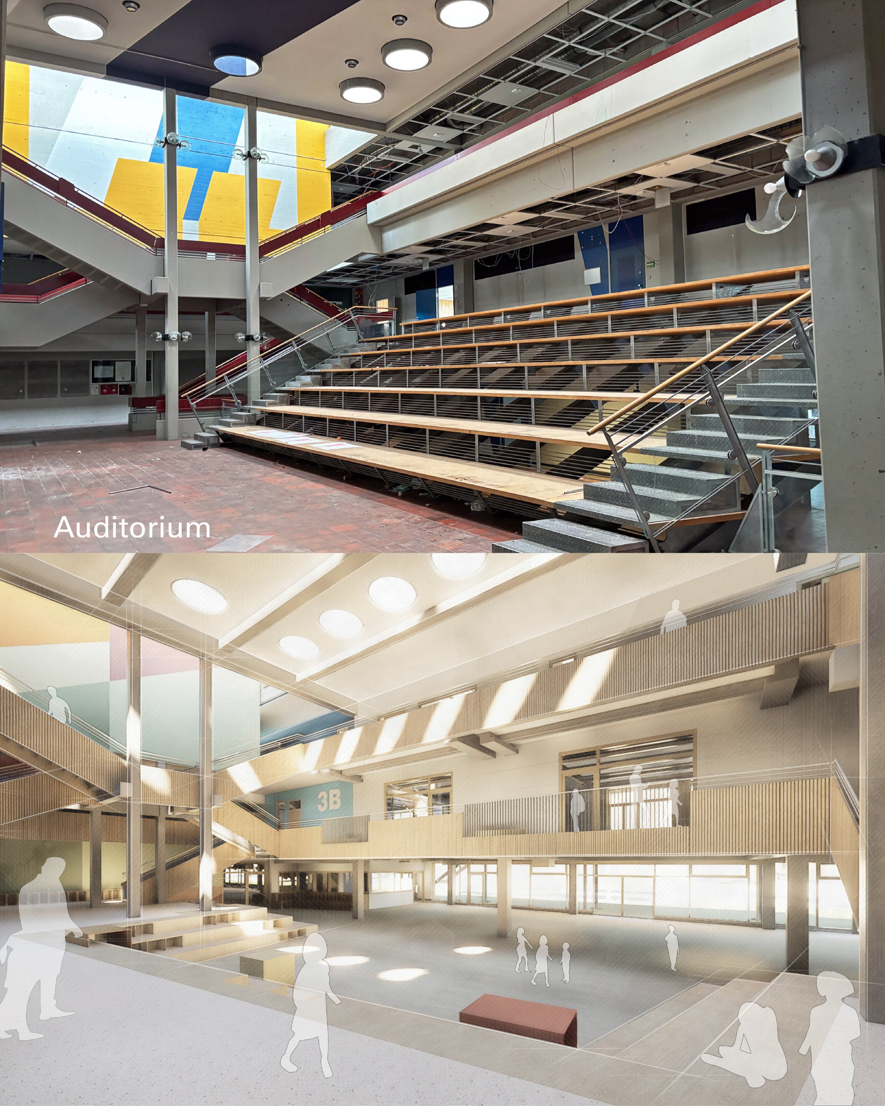 Project by Behnisch Architekturbuero, International School Augsburg. Split image: existing auditorium with tiered seating above, proposed open atrium below. There will be open seating steps and gallery levels.