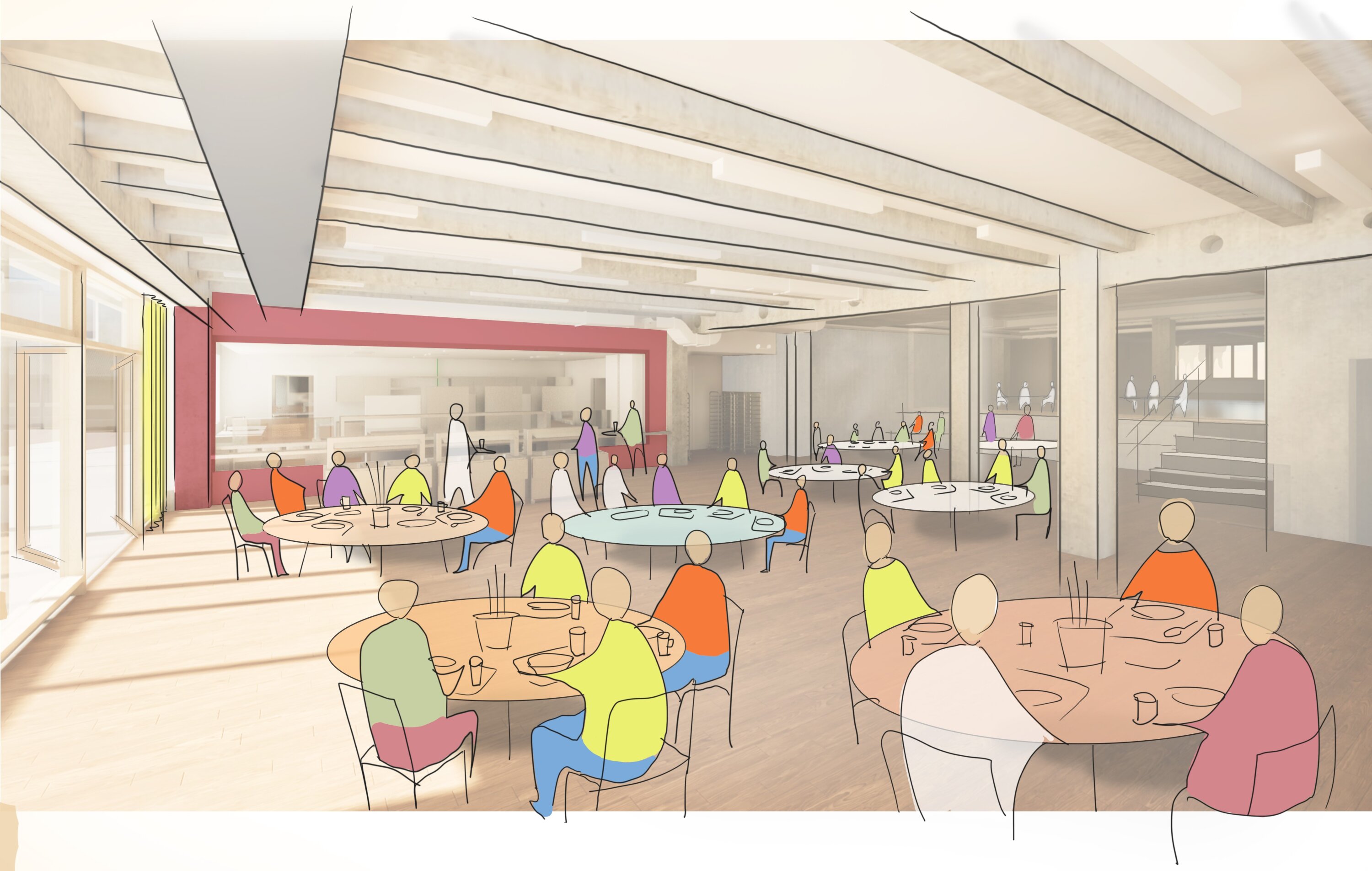 Project by Behnisch Architekturbuero, International School Augsburg. Architectural rendering of a dining hall with round tables, seated people, and open kitchen area.
