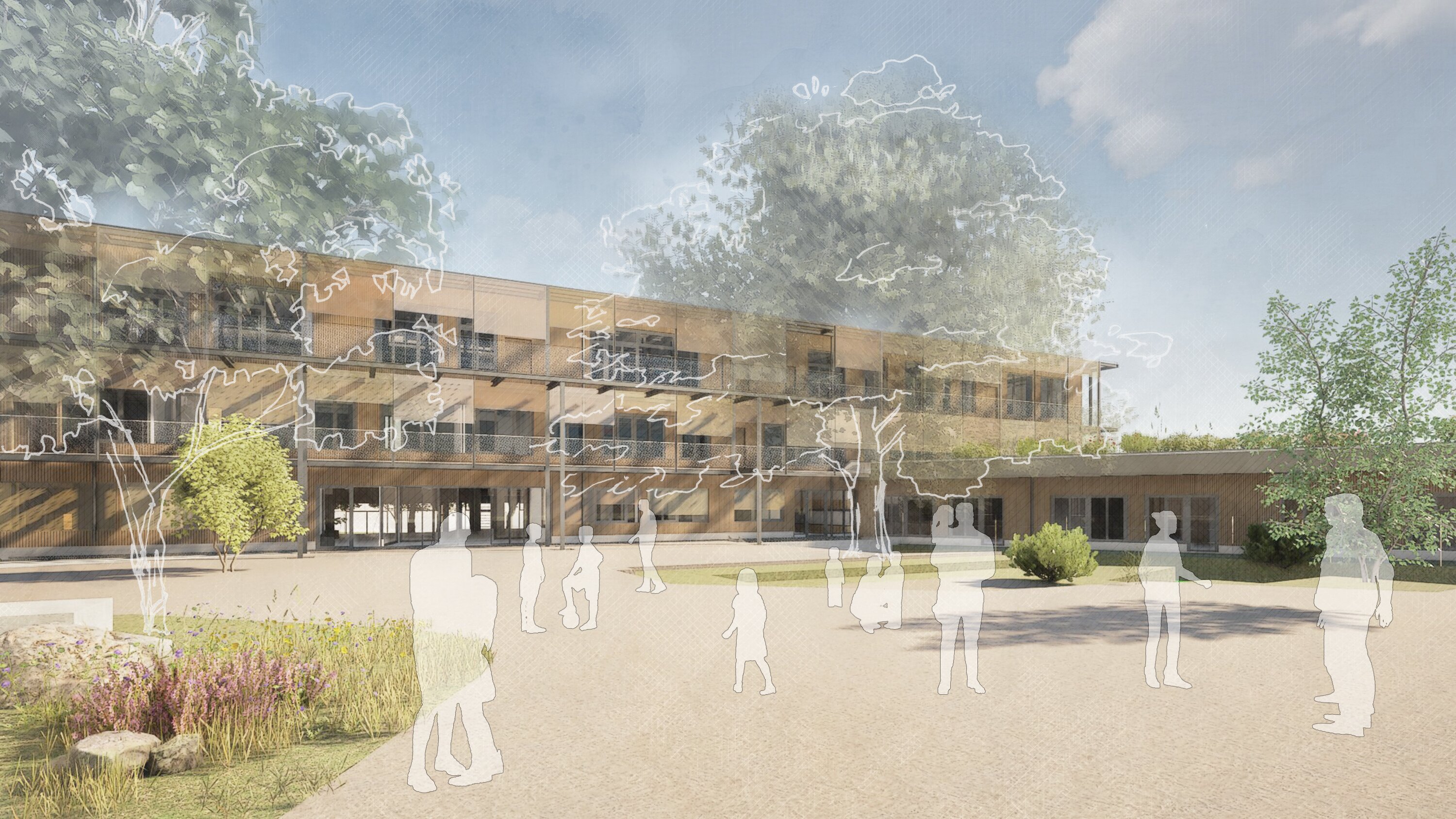 Project by Behnisch Architekturbuero, International School Augsburg. Architectural rendering of wood-clad building with balconies, courtyard, trees, and people figures.
