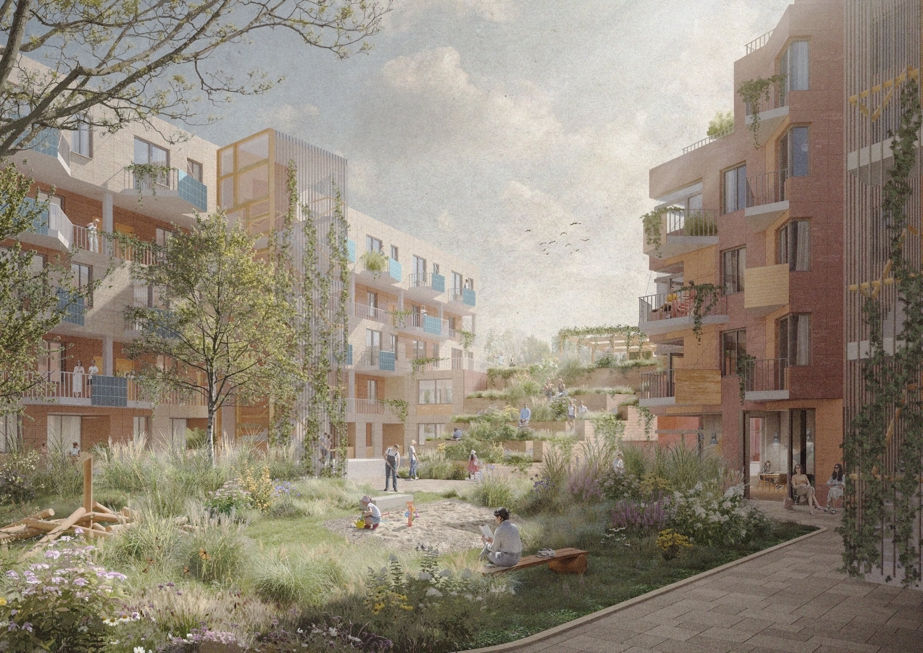 Project by Behnisch Architekturbuero, Circuit. Residential courtyard with landscaped garden, play area, and surrounding apartment buildings.