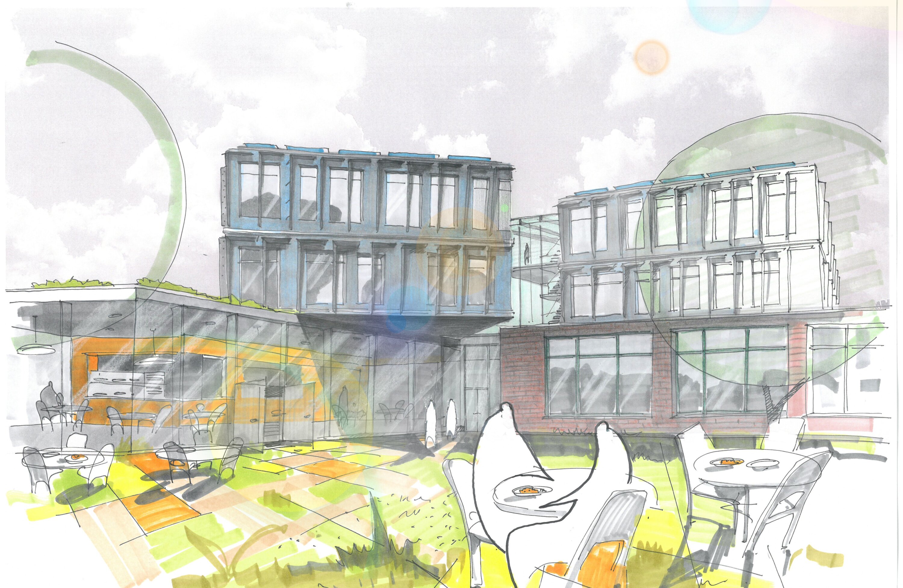 Project by Behnisch Architekturbuero, Educational Center Landshut. Architectural rendering of a cafeteria with tables and chairs, high ceiling, large windows and wooden floor.