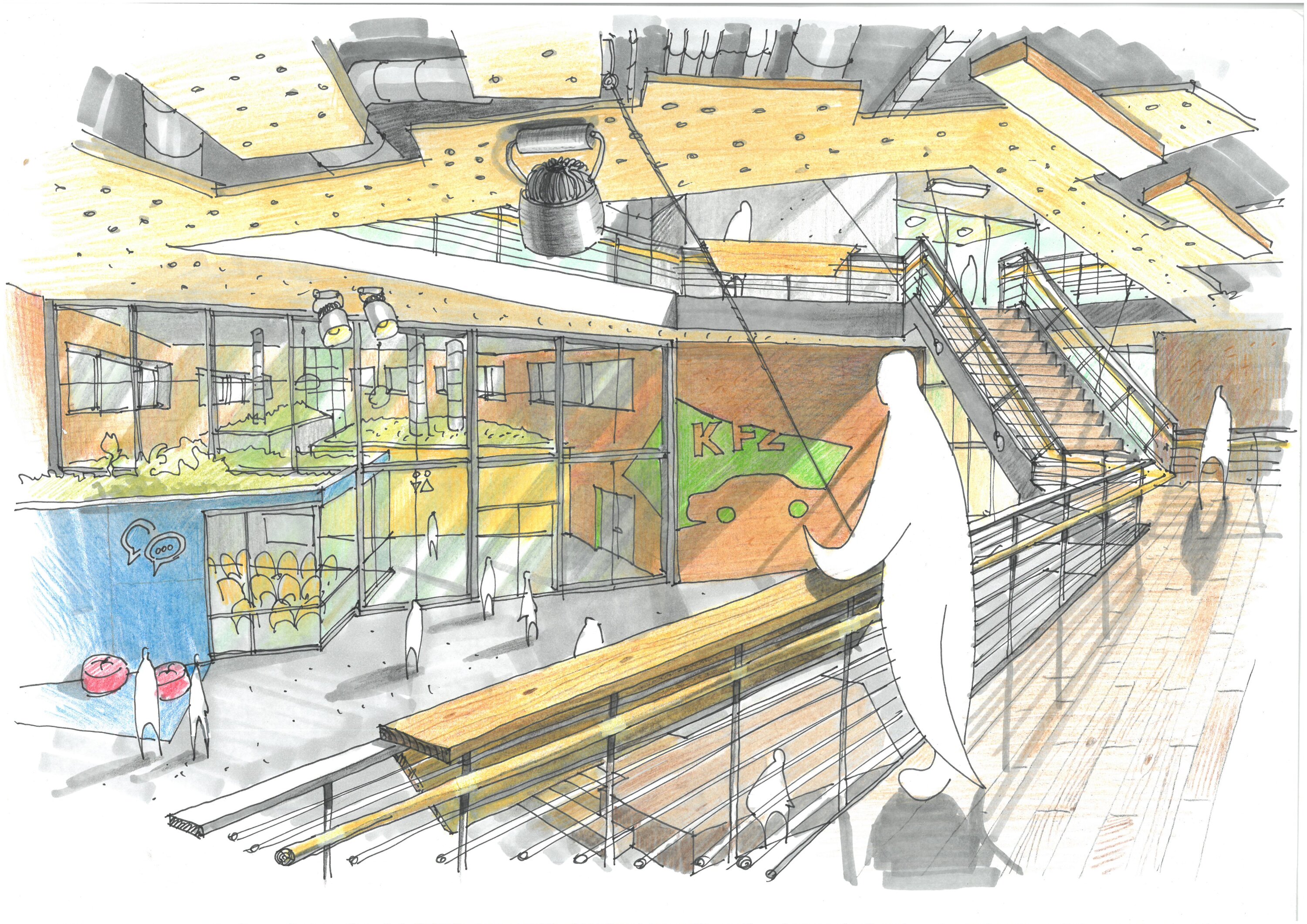 Project by Behnisch Architekturbuero, Educational Center Landshut. Hand-drawn sketch of interior atrium with stairs, walkways, and people figures.