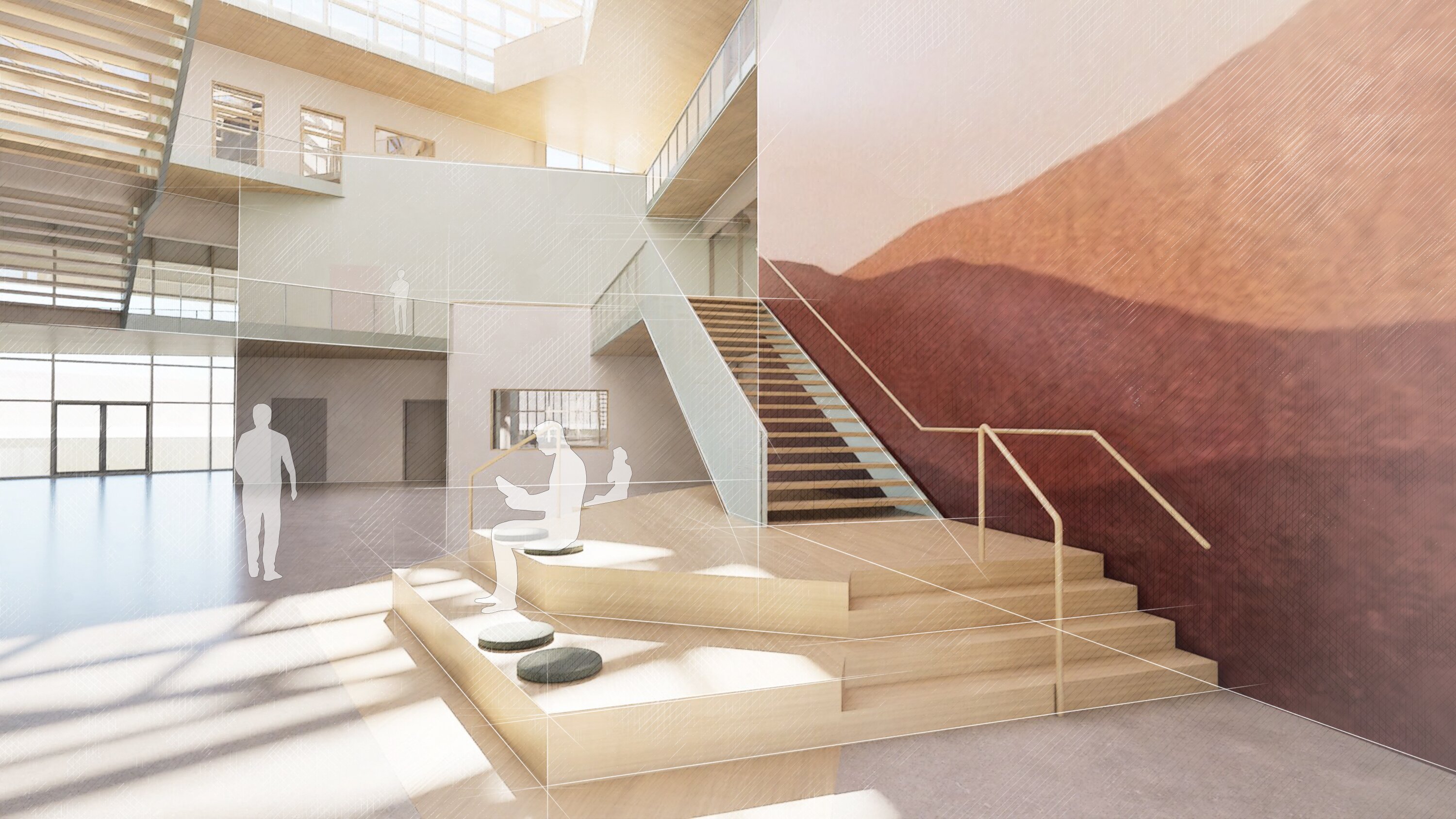 Project by Behnisch Architekturbuero, Educational Center Landshut. Architectural rendering of a bright atrium with wooden stairs, landings, and seating.