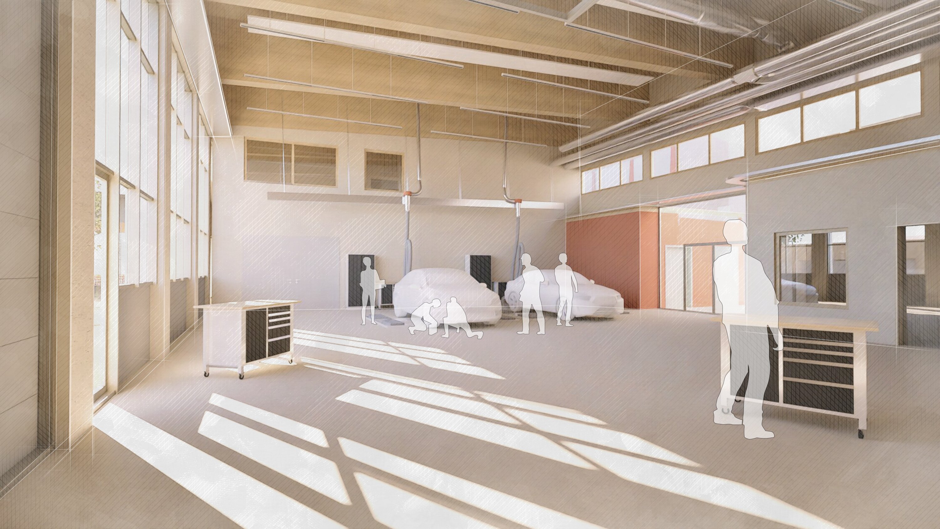 Project by Behnisch Architekturbuero, Educational Center Landshut. Architectural representation of a car repair shop, tools, high ceiling and large windows.