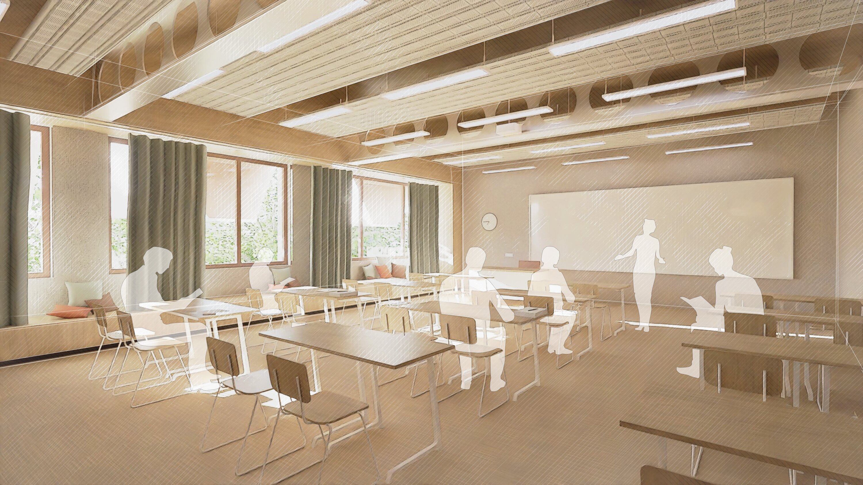 Project by Behnisch Architekturbuero, Educational Center Landshut. Architectural representation of a classroom with tables, chairs, large windows and wooden floor. The teacher is standing at the blackboard.