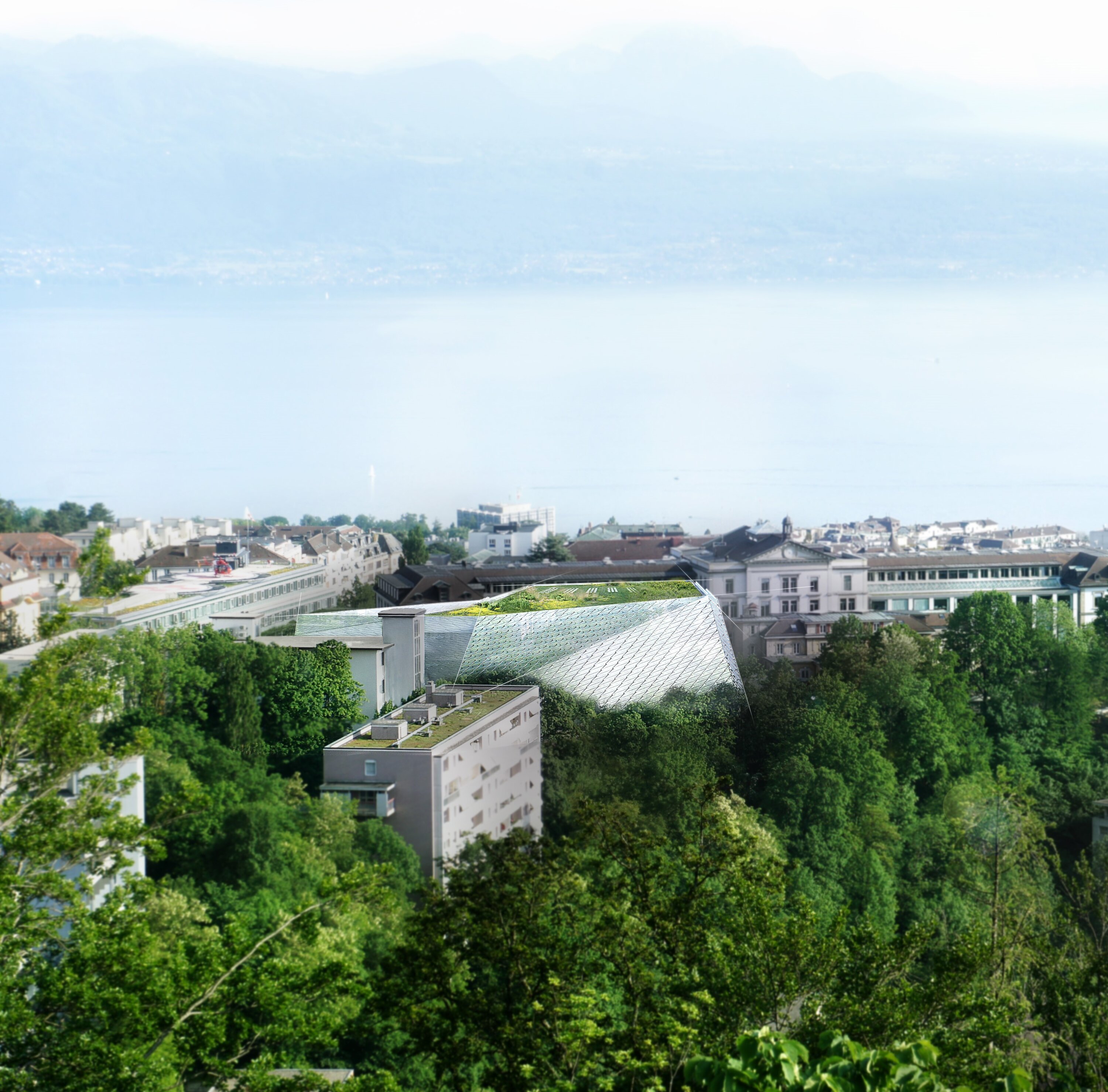 Project by Behnisch Architekturbuero, Max Planck Institute for Medical Research. A modern, tall tower surrounded by green spaces and trees. The white bands of the exposed ceiling panels divide the building horizontally. Numerous balconies and roof terraces are created by projecting elements.