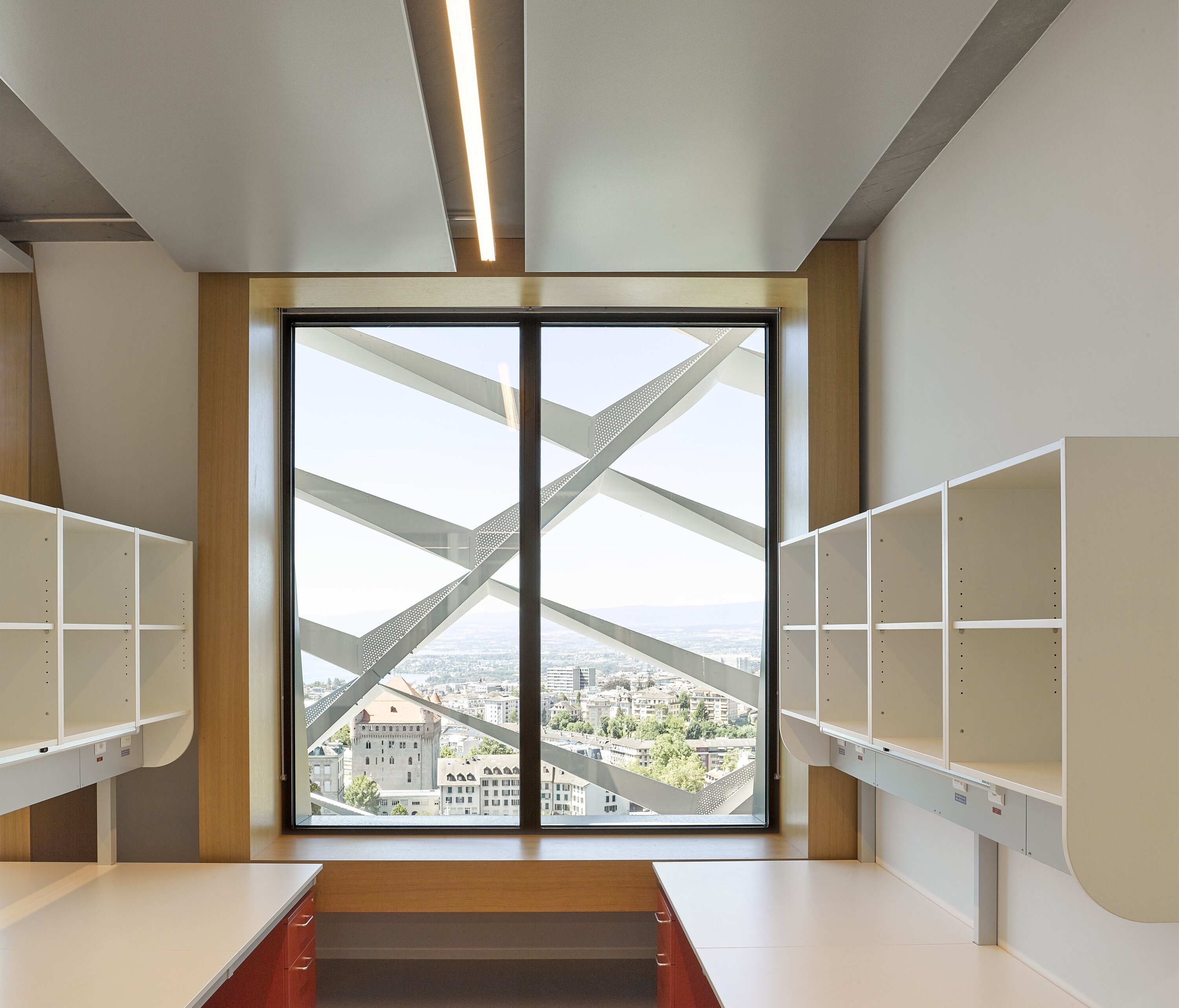 Project by Behnisch Architekturbuero, AGORA P&ocirc;le de recherche sur le cancer. Small workspace with desks and shelves on both sides. Facing a large window with diagonal structural daylight enhancement systems, optimized sunlight protectionand a city view.