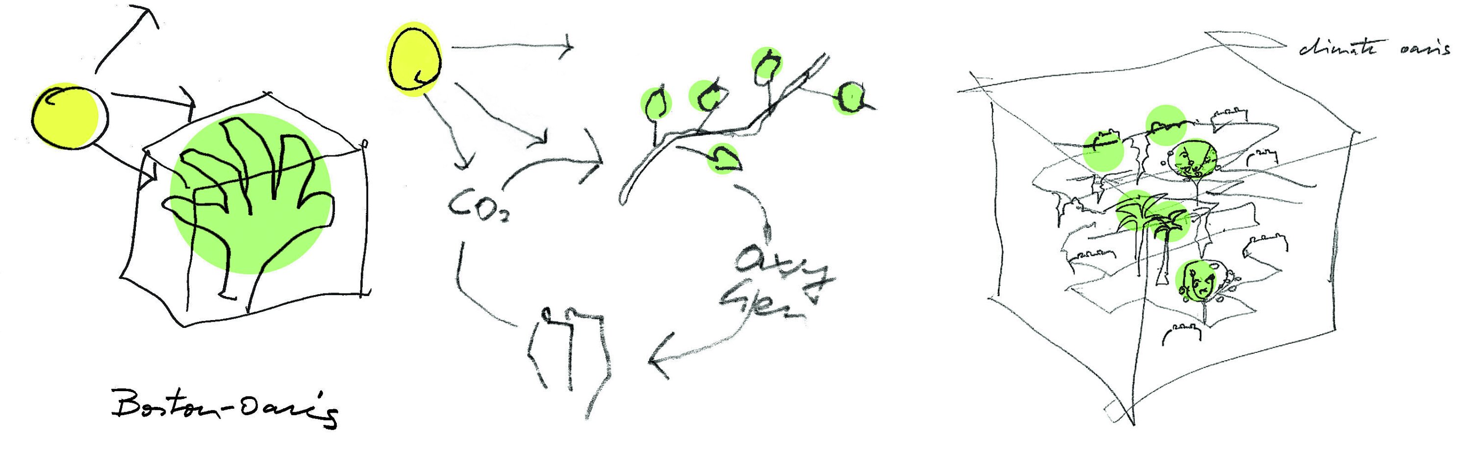 Project by Behnisch Architekturbuero, Genzyme Center. Hand-drawn diagram showing trees, sun, the CO2 cycle and the concept of a "climate oasis" with plants within the building structure.