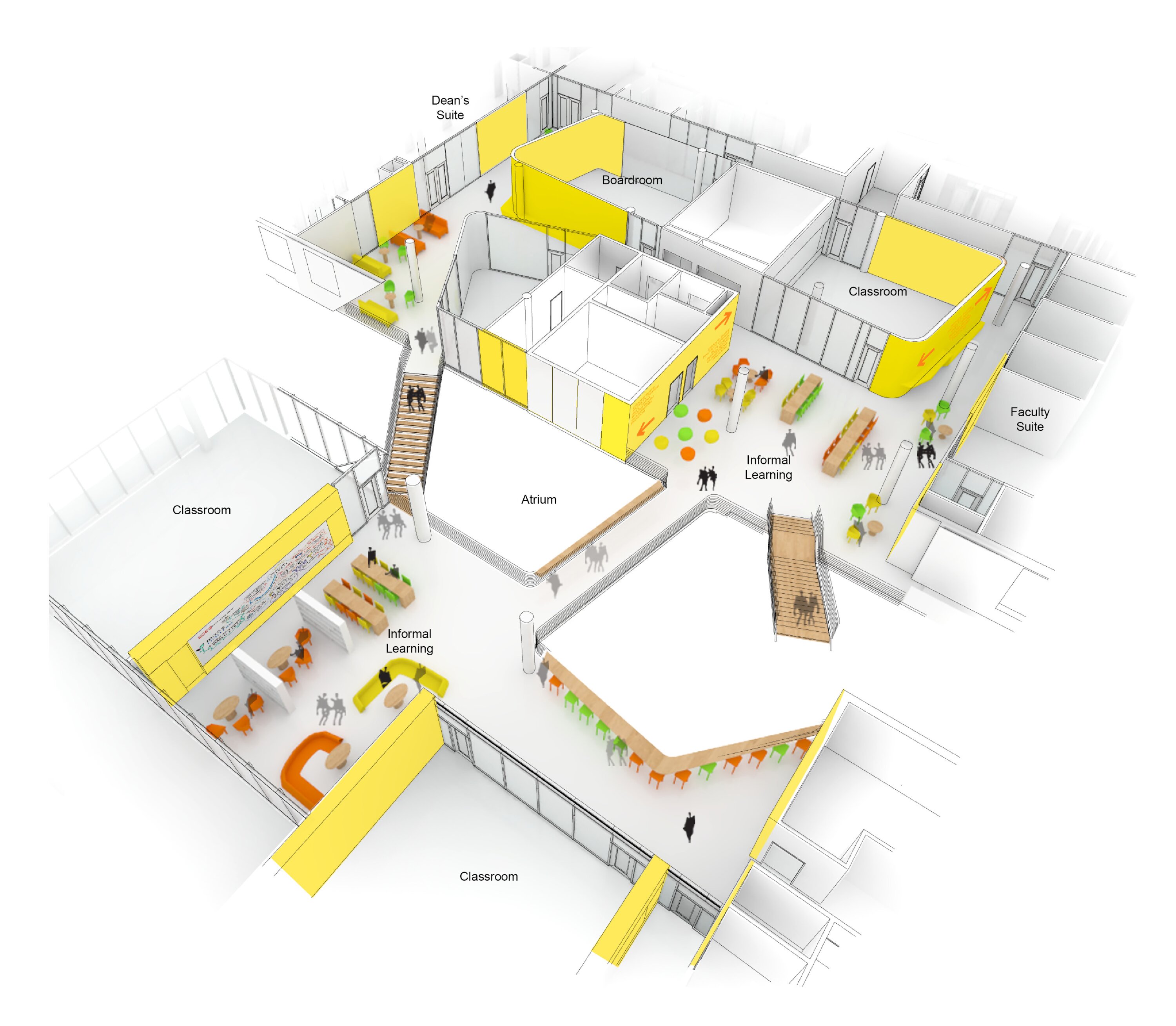 Project by Behnisch Architekturbuero, Karl Miller Center. 3D floor plan of a school level with labeled classrooms, atrium, boardroom, faculty and dean&rsquo;s suites, and informal learning areas.