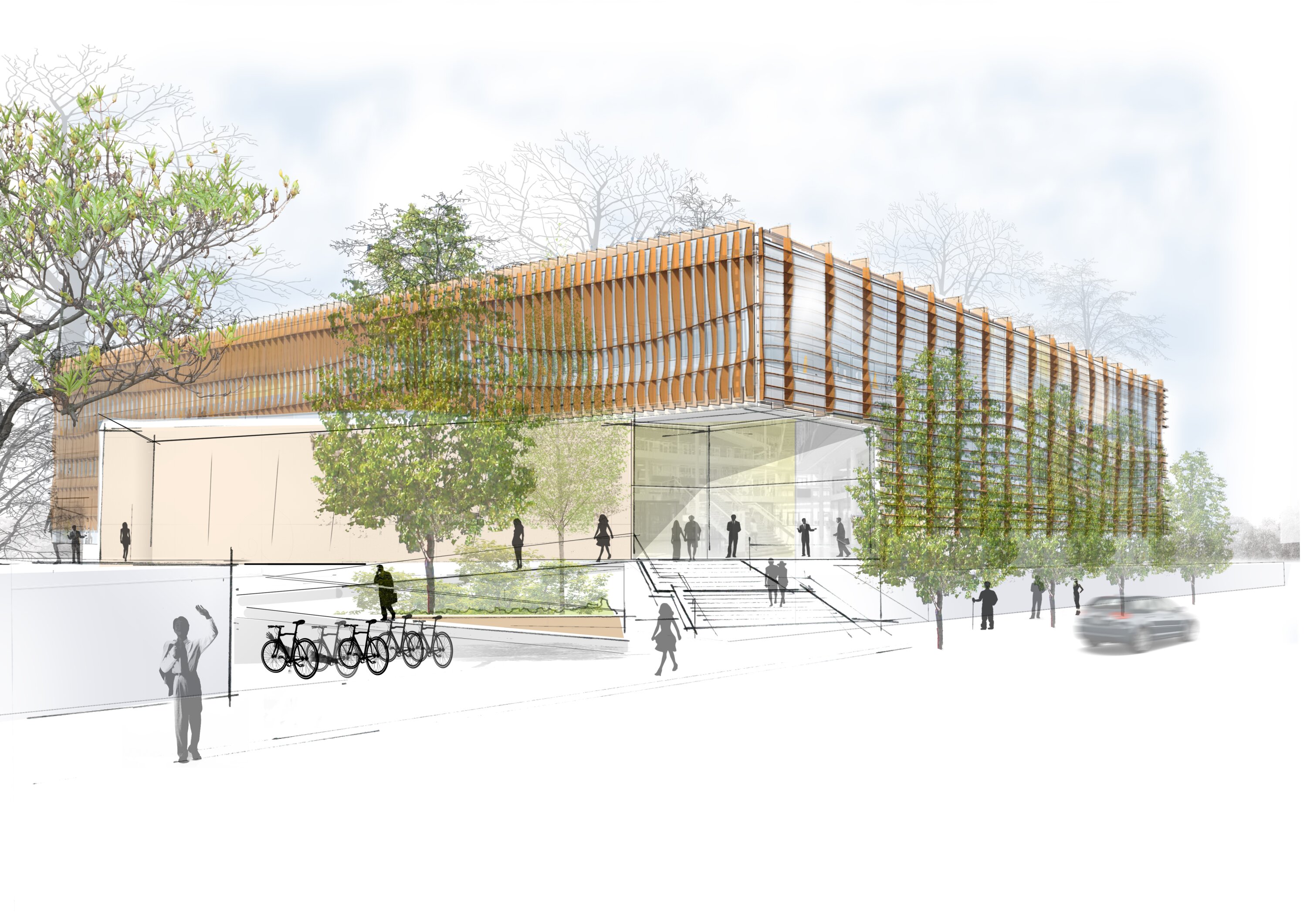 Project by Behnisch Architekturbuero, NCT New Building and Expansion. Modern campus buildings with glass facades lit at dusk, set along a path and grassy area.