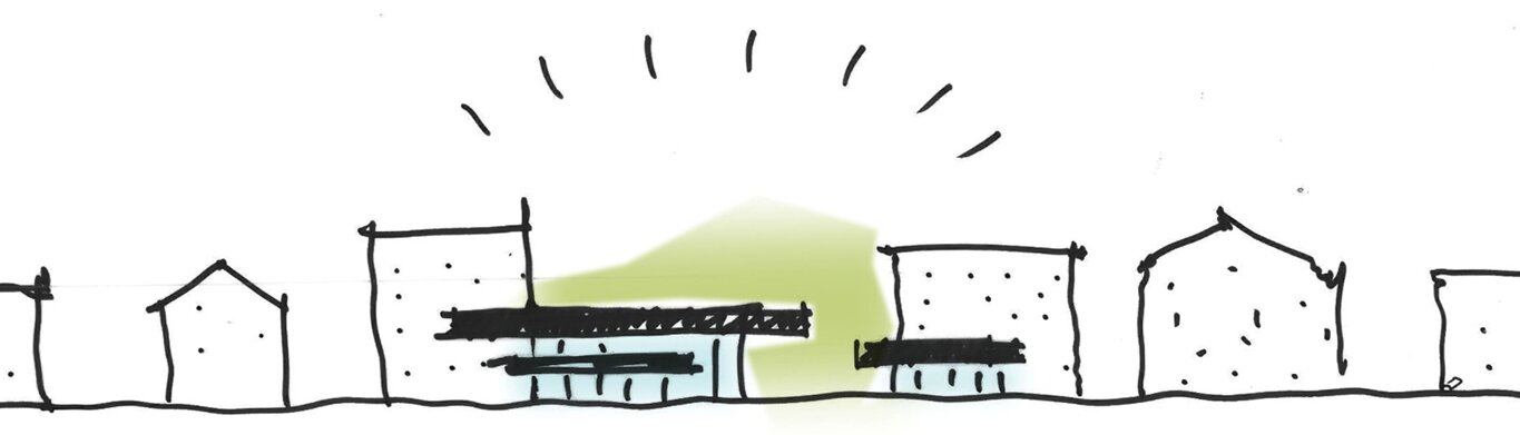 Project by Behnisch Architekturbuero, Mixed-use Building Rathausplatz. Hand-drawn concept sketch of the surrounding buildings and the highlighted central structure with radial lines running above it.