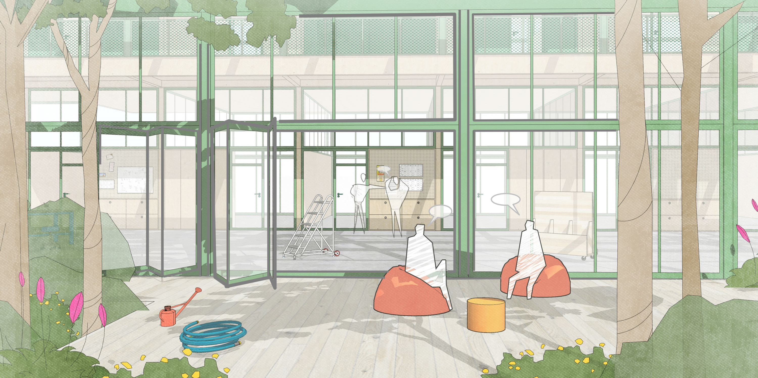 Project by Behnisch Architekturbuero, Campushouse Halle-Neustadt. Glass facade opening to a courtyard with seating, plants, and people inside a workshop space.