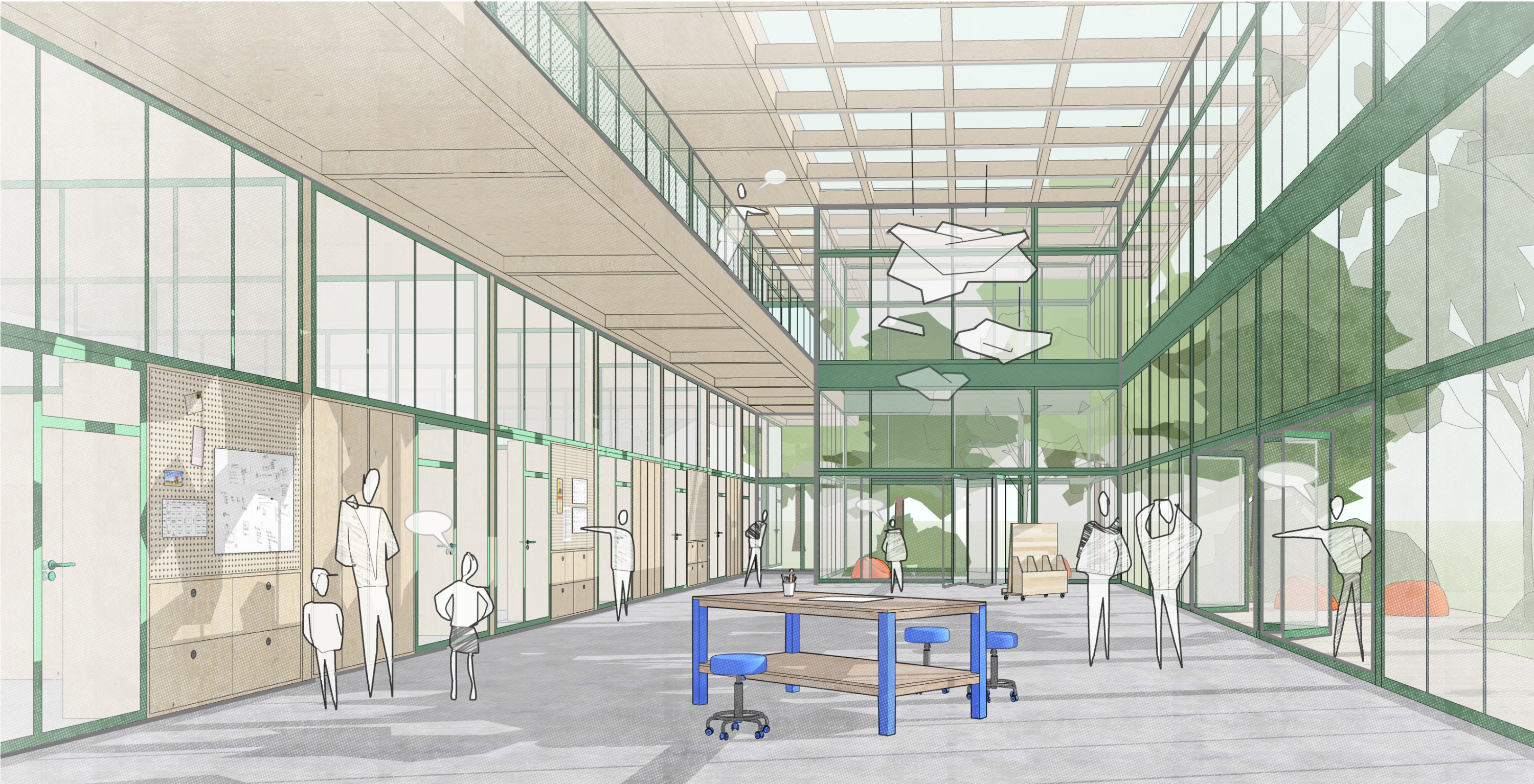 Project by Behnisch Architekturbuero, Campushouse Halle-Neustadt. Architectural rendering of a glass atrium with worktables, display boards, and people inside.