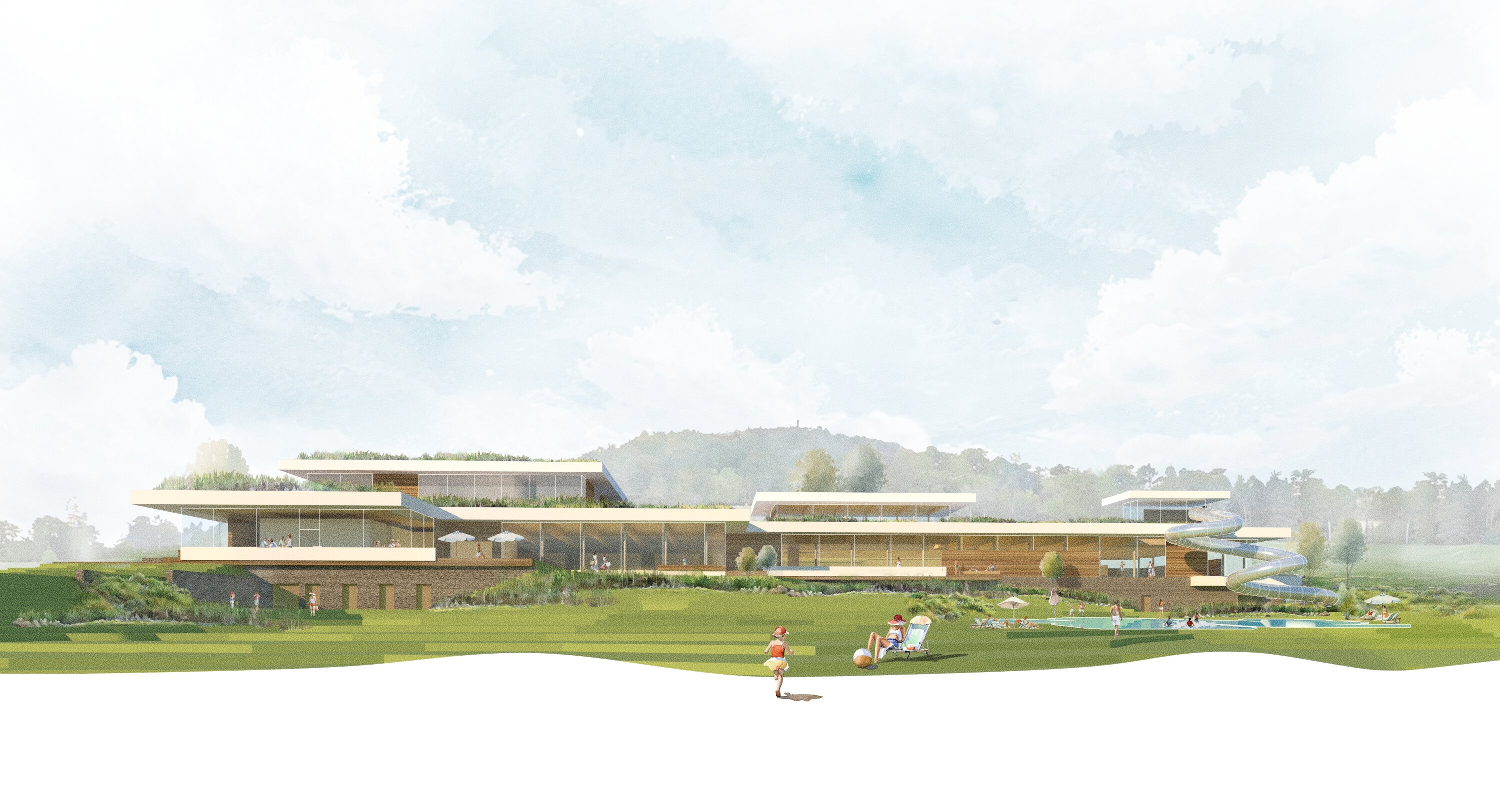 Project by Behnisch Architekturbuero, Crana Mare Adventure Pool. Watercolor of modern building with slide, lawn, and people lying on the lawn in front of the building, sunbathing.