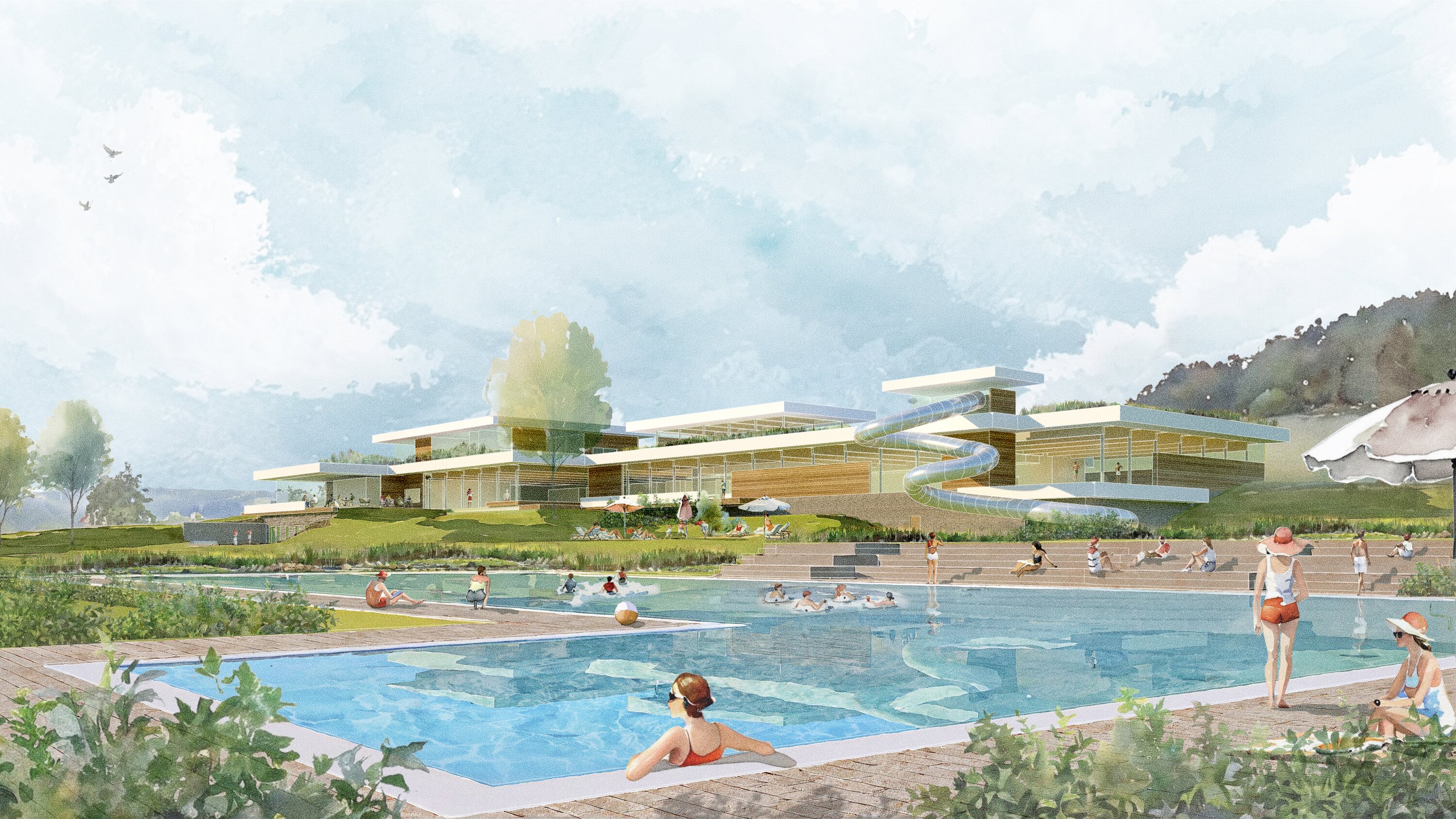 Project by Behnisch Architekturbuero, Crana Mare Adventure Pool. Outdoor swimming pool with swimmers in and around the pool. A modern building with a slide in the background, nestled in a landscaped park.