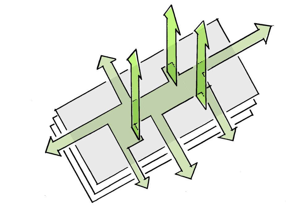 Project by Behnisch Architekturbuero, Digiteo Labs - 3 Research Buildings. Short concept sketch.