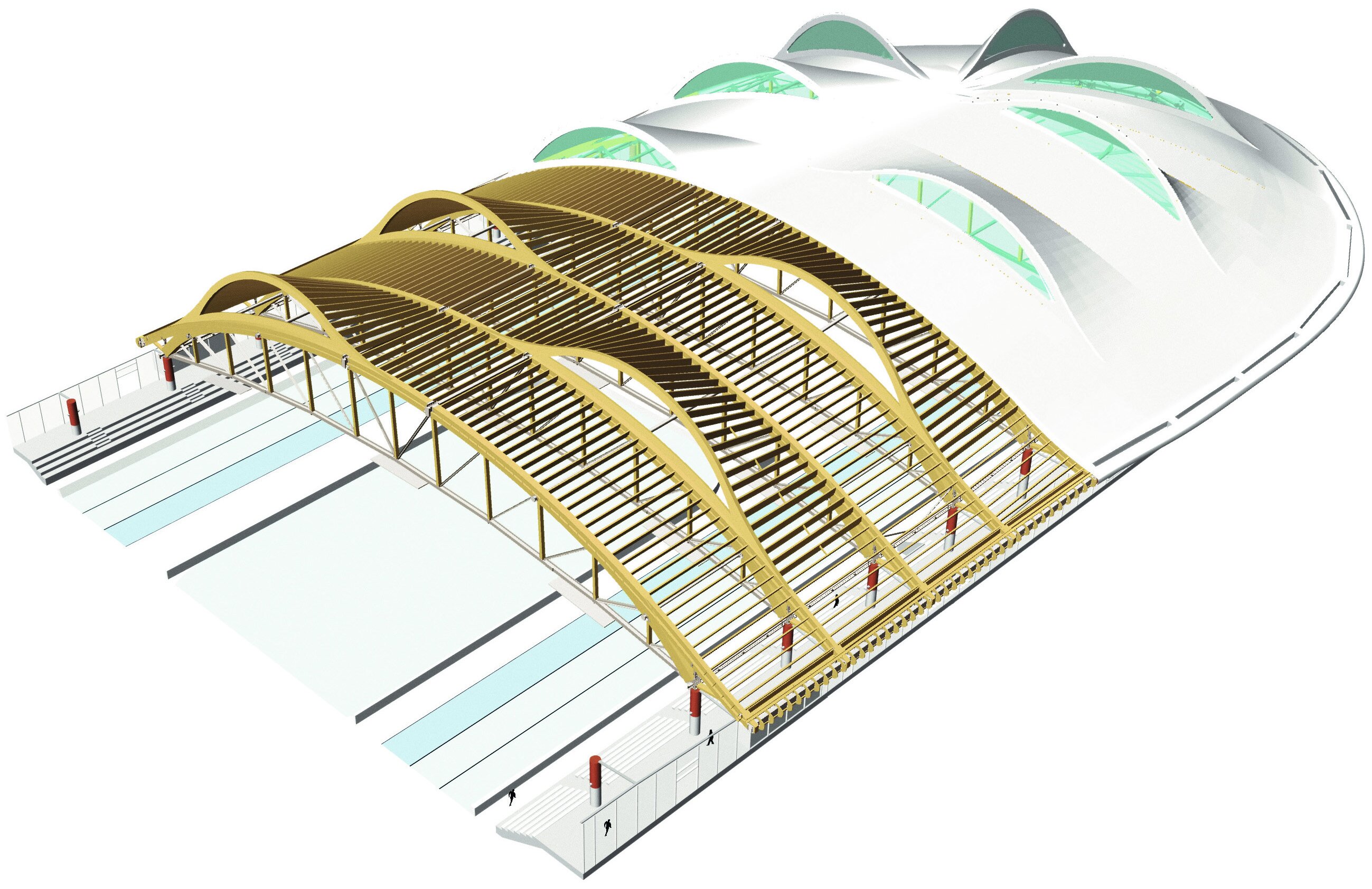 Project by Behnisch Architekturbuero, Max Aicher Arena. Architectural representation of a large building with curved wooden roof ribs and a white  roof showing the structure and traffic routes.