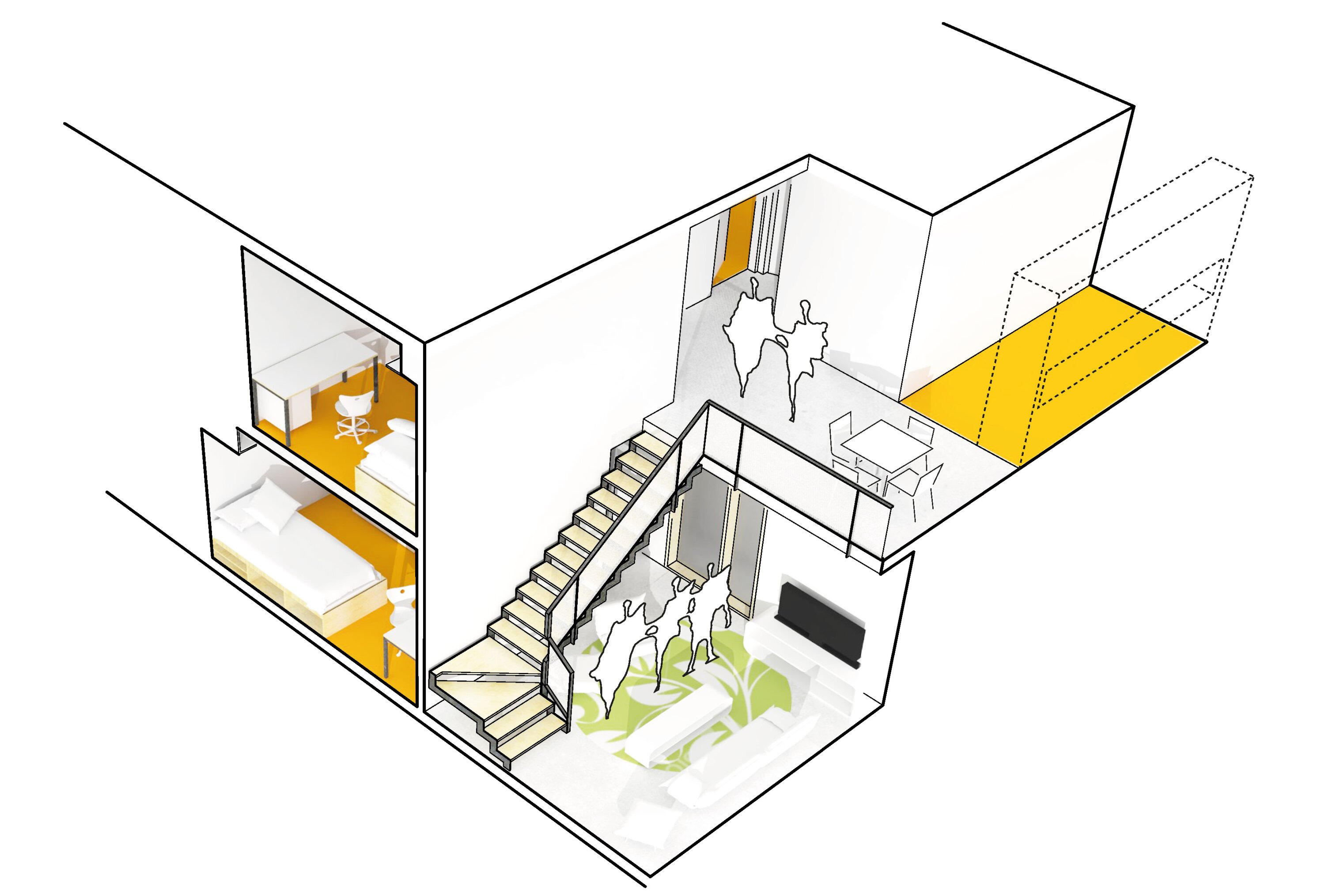 Project by Behnisch Architekturbuero, Maximino Martinez Commons, University of California. Axonometric sectional drawing of a two-story interior with staircase, bedrooms, living area, and dining area. The areas are highlighted in yellow and green.