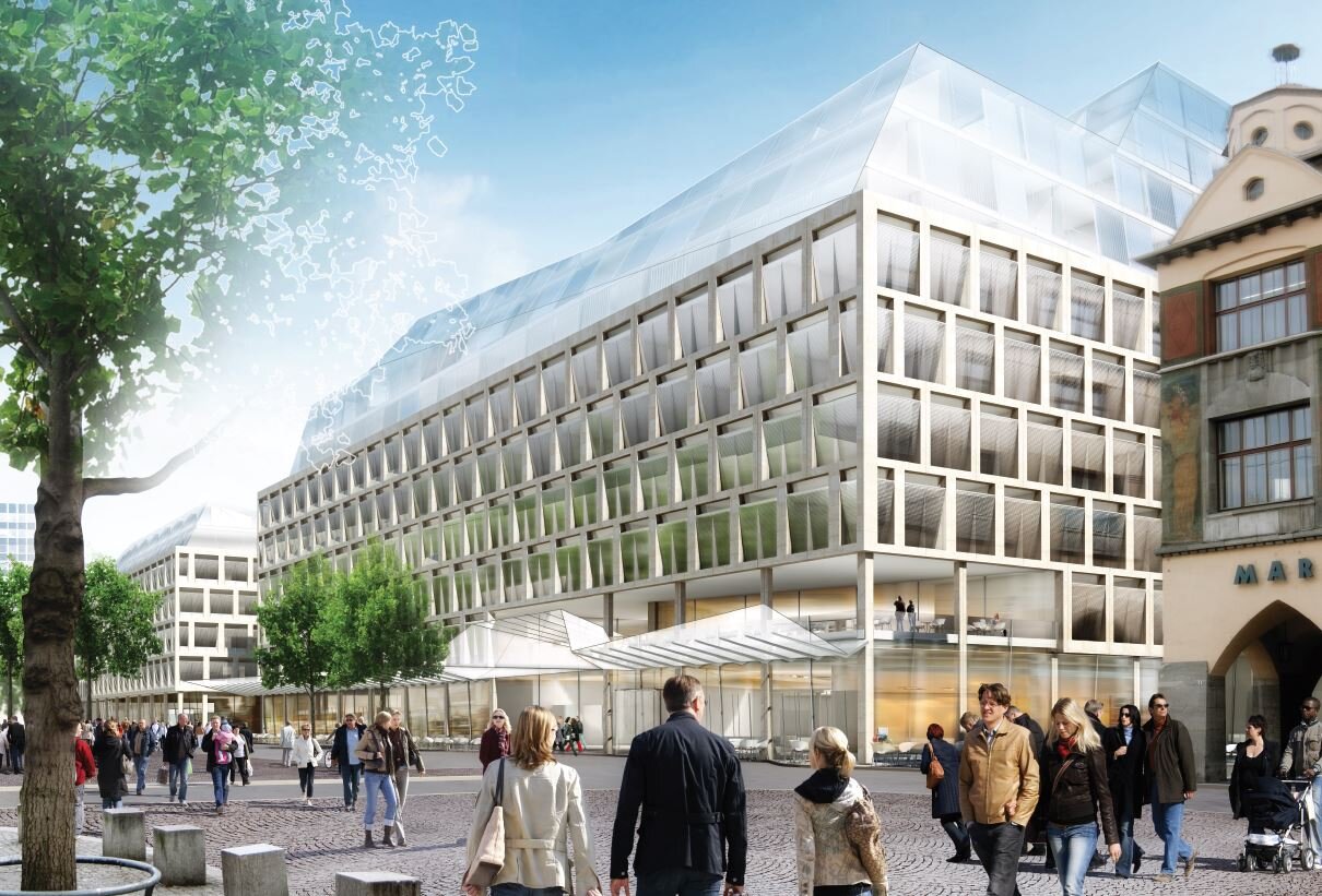Project by Behnisch Architekturbuero, Ozeanum. Museum atrium with a large whale skeleton, visitors on an escalator and a high glass facade overlooking the outdoor plaza.