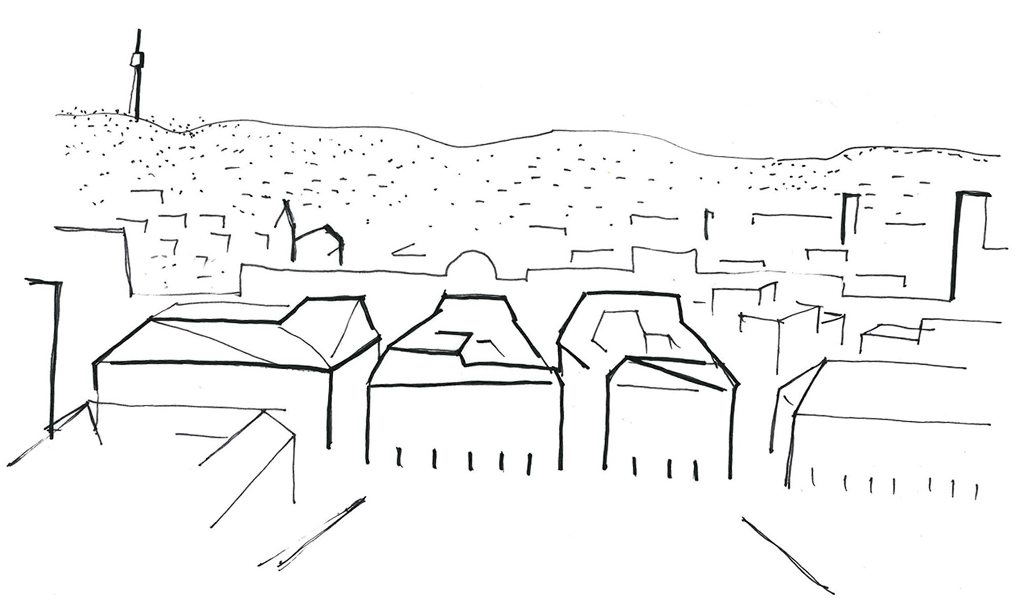 Project by Behnisch Architekturbuero, Dorotheen Quartier. Brief concept outline showing its integration into the Stuttgart cityscape.