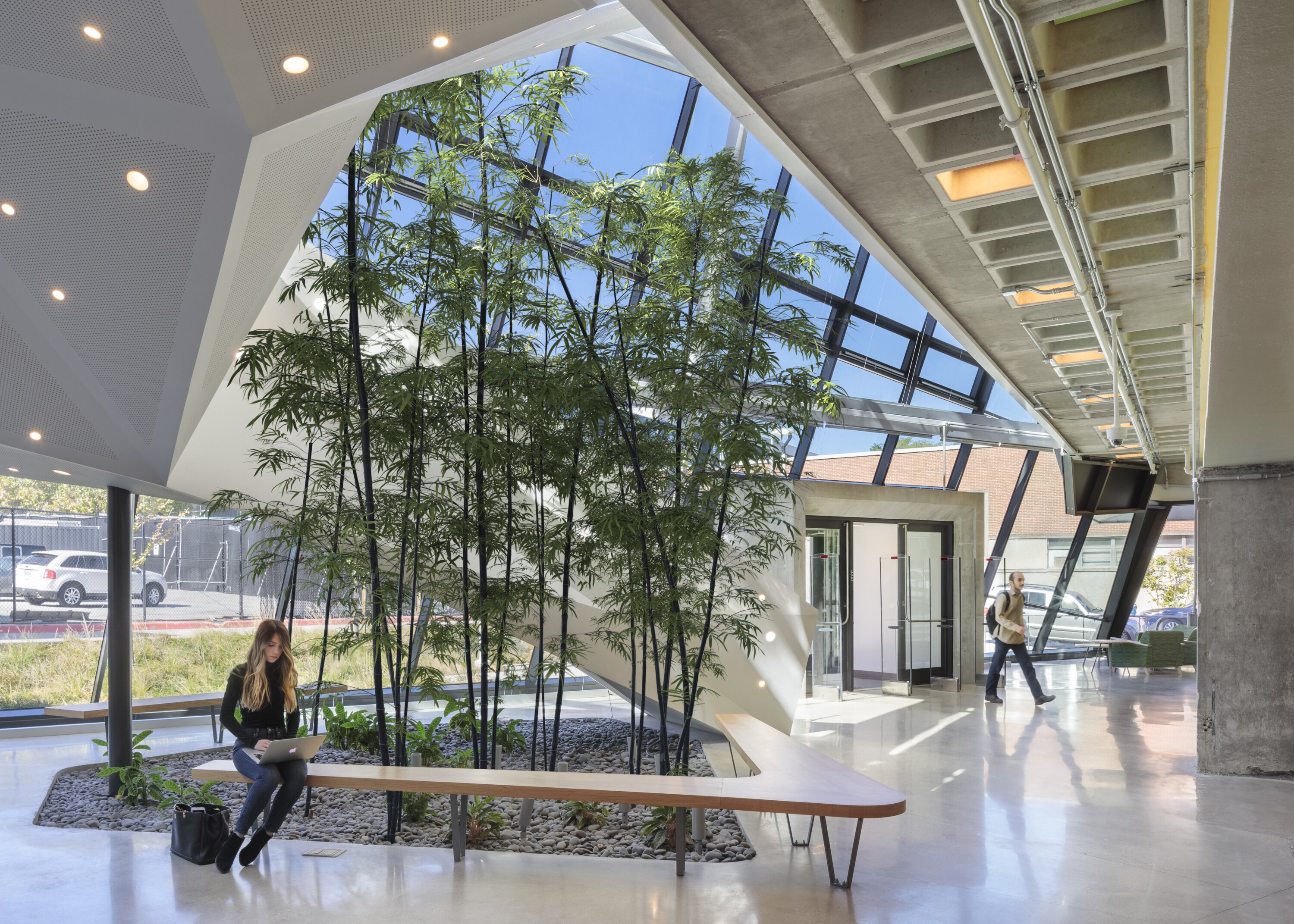 Project by Behnisch Architekturbuero, Robert Bogomolny Library. An atrium with a glass facade, indoor plants, and benches. One person is working on a laptop while another walks past the entrance.